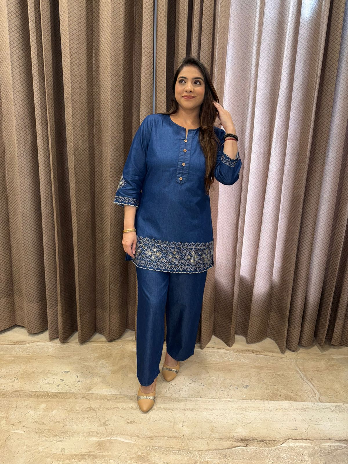 Navy Blue Thread Work Denim Co-Ord Set