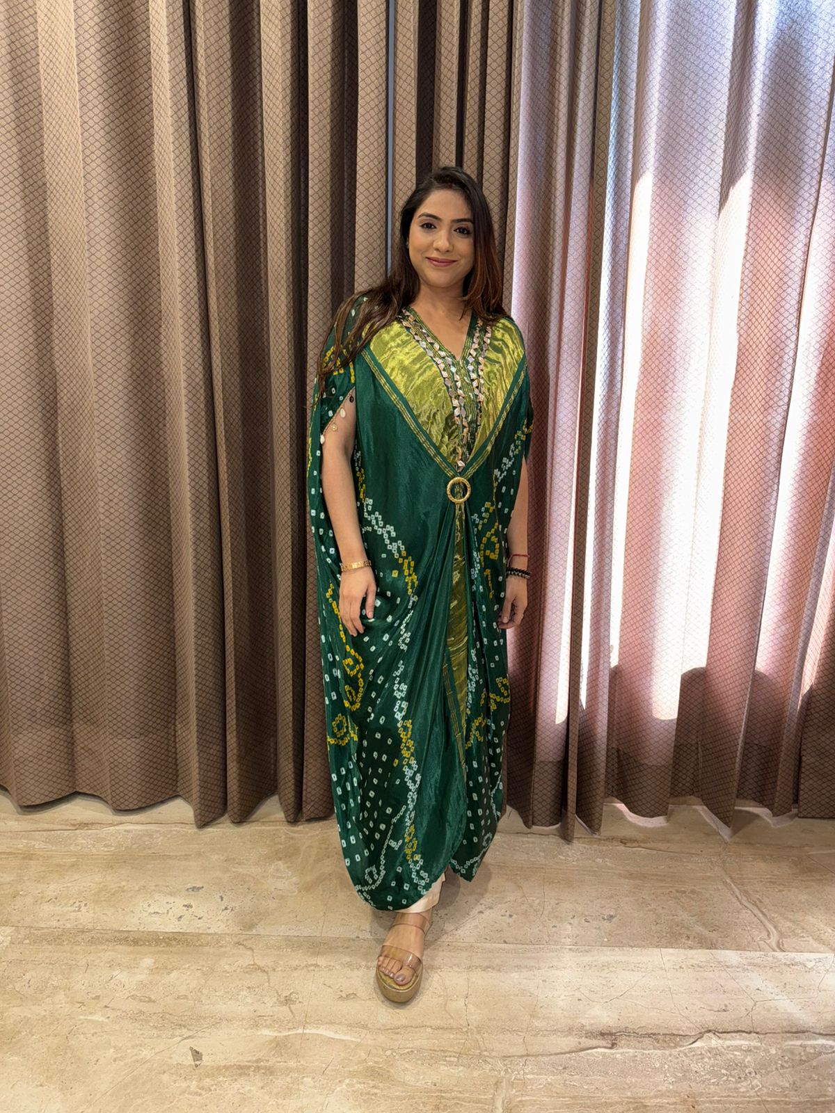 Green & Mustard Bandhej Kaftan Set with Mirror Detailing