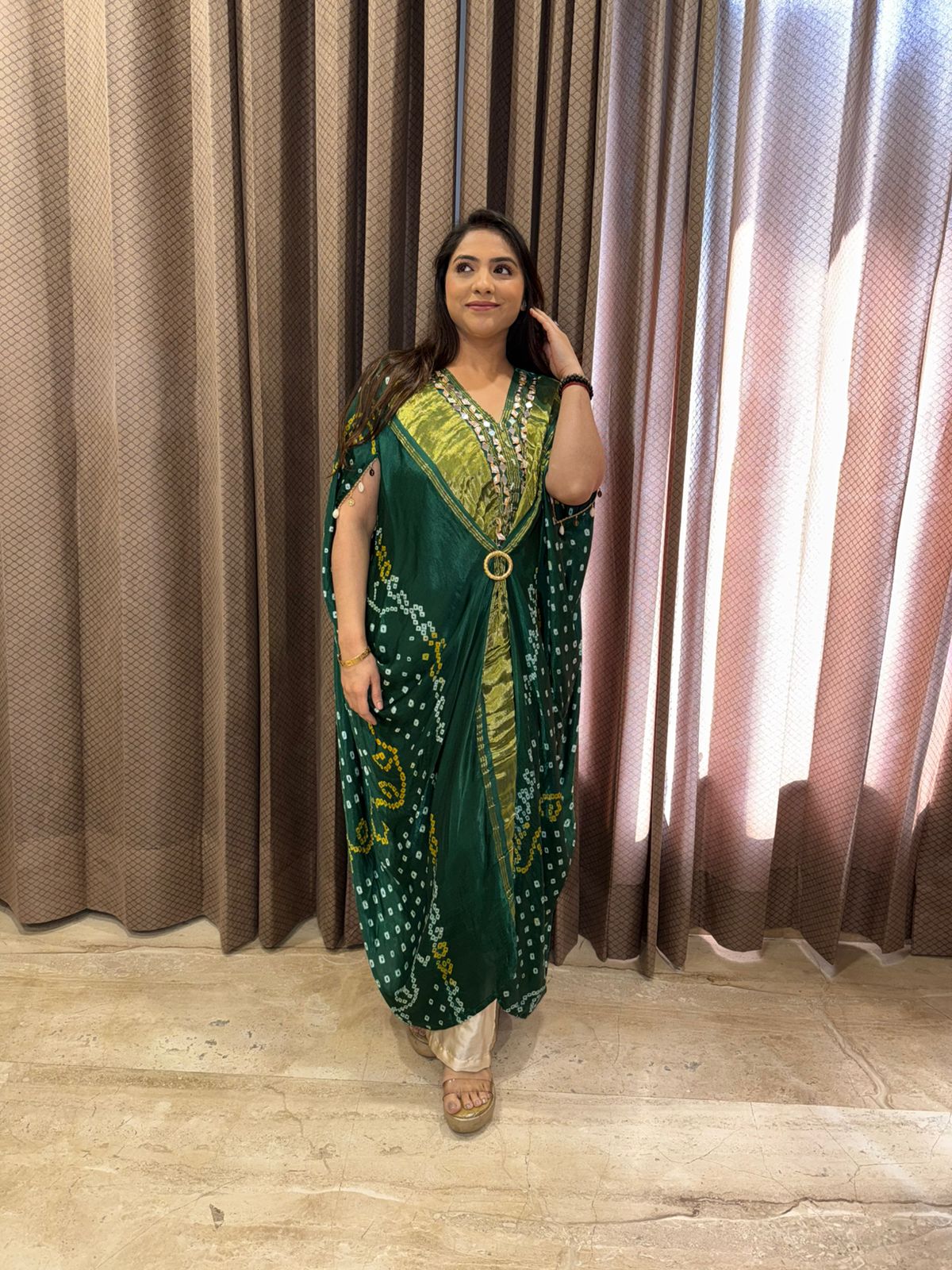 Green & Mustard Bandhej Kaftan Set with Mirror Detailing