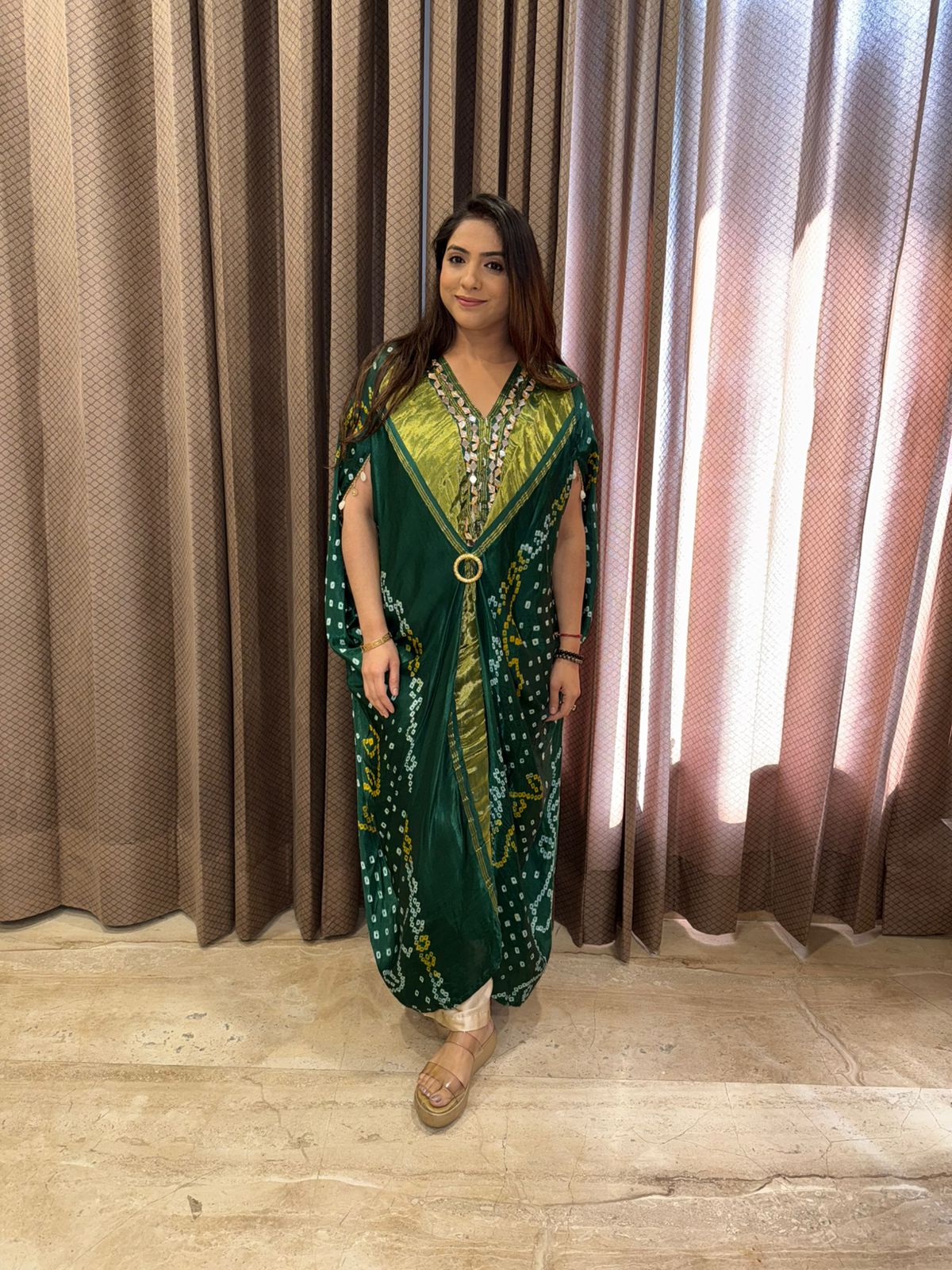 Green & Mustard Bandhej Kaftan Set with Mirror Detailing