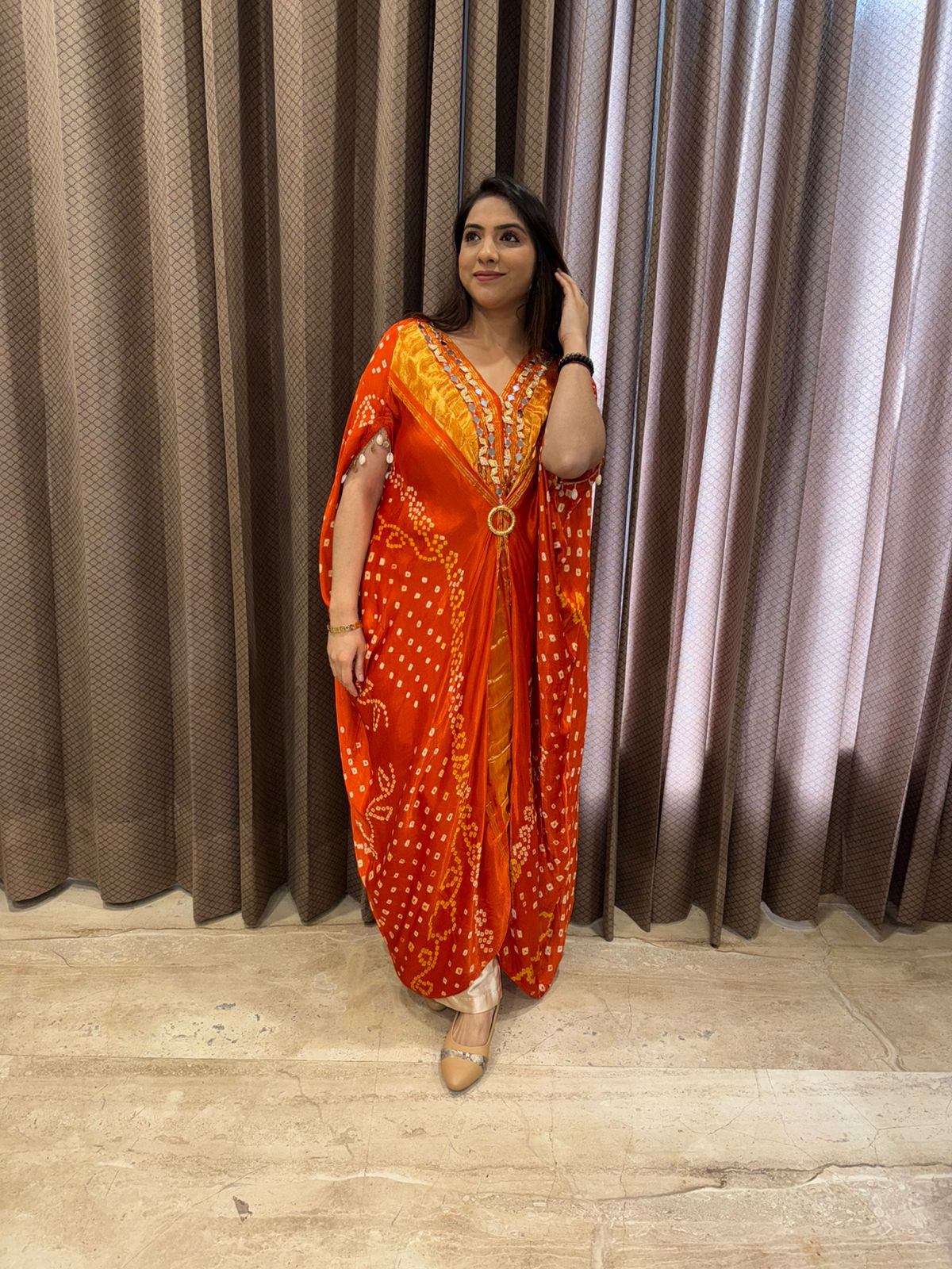 Orange & Mustard Bandhej Kaftan Set with Mirror Detailing