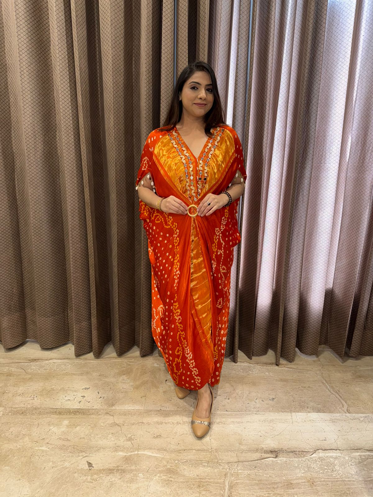 Orange & Mustard Bandhej Kaftan Set with Mirror Detailing