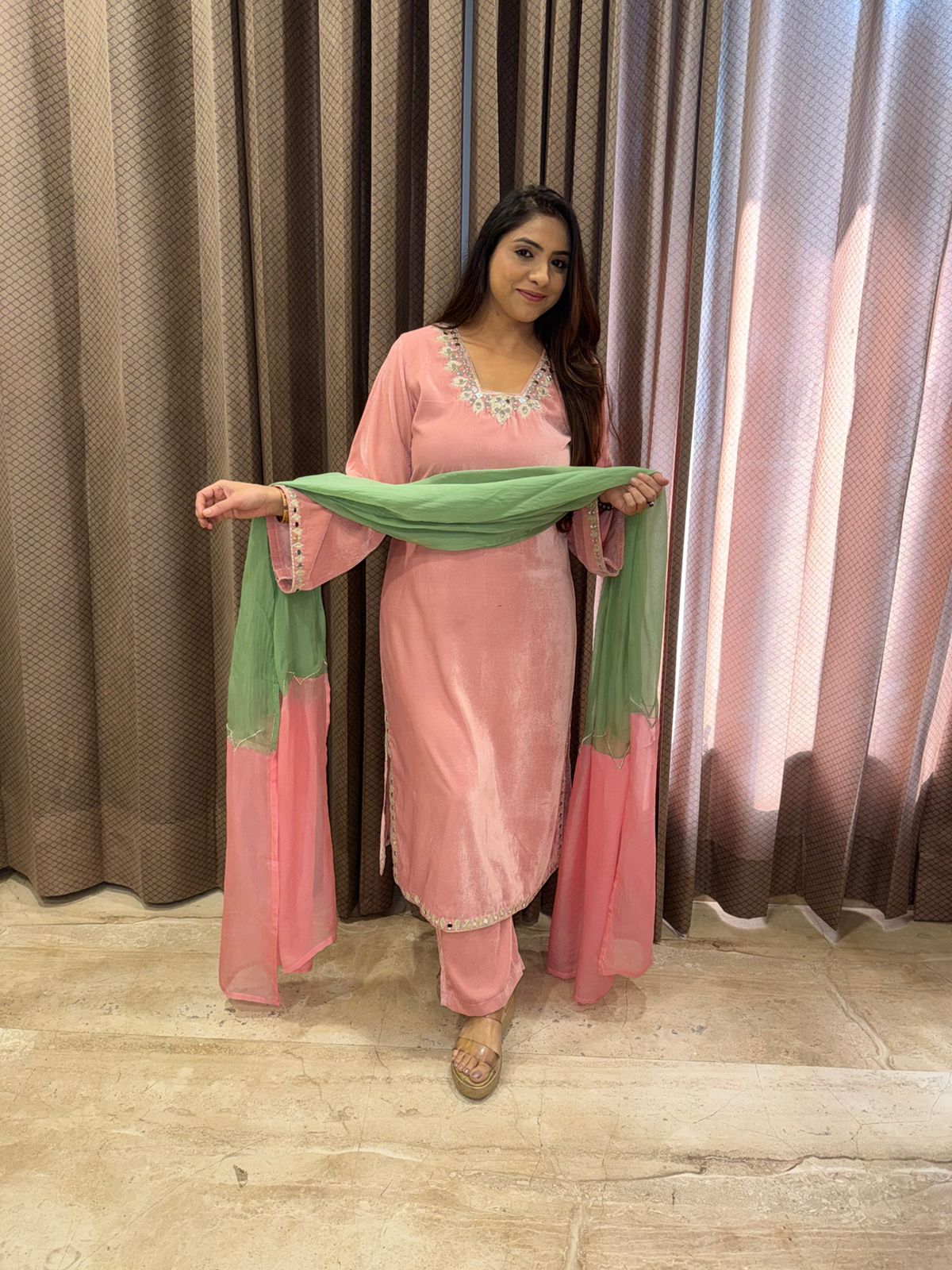 Baby Pink Kurta Pant Set with Contrast Green Dupatta