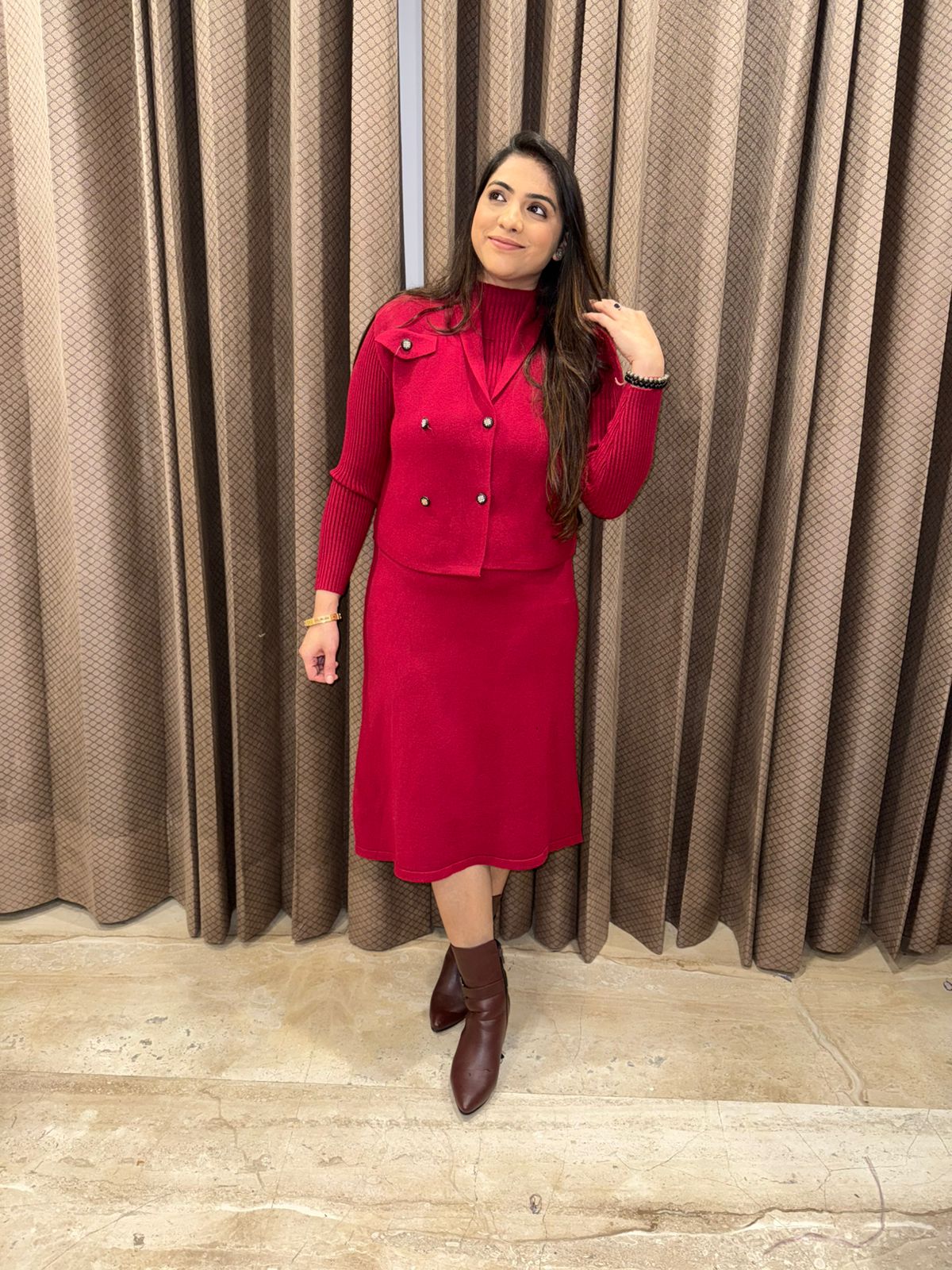Wine Red Ribbed Knit Dress with Buttoned Jacket