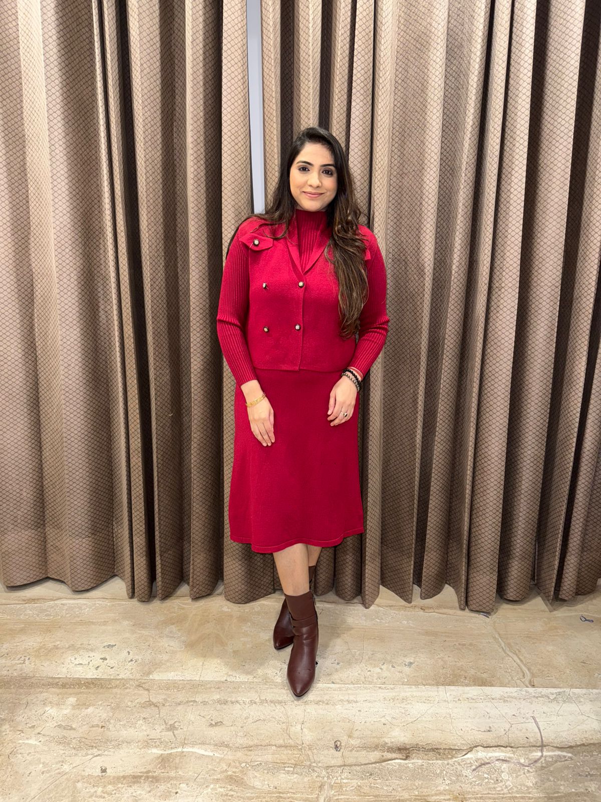 Wine Red Ribbed Knit Dress with Buttoned Jacket