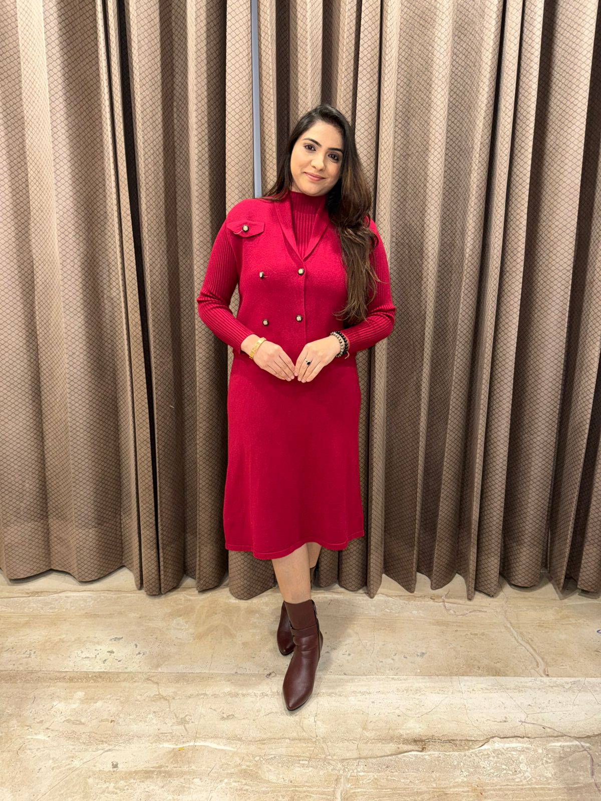 Wine Red Ribbed Knit Dress with Buttoned Jacket