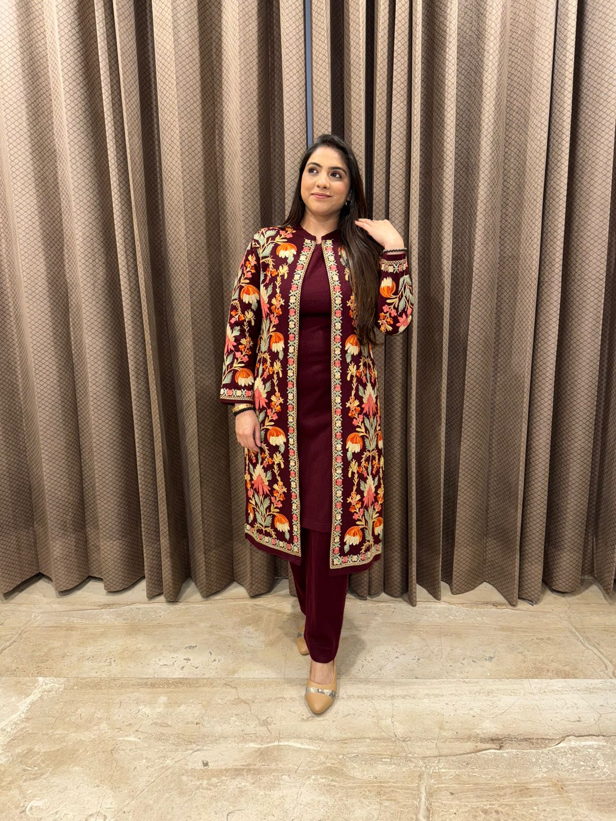 Wine Red Floral Kashmiri Embroidered Long Jacket Kurta Set