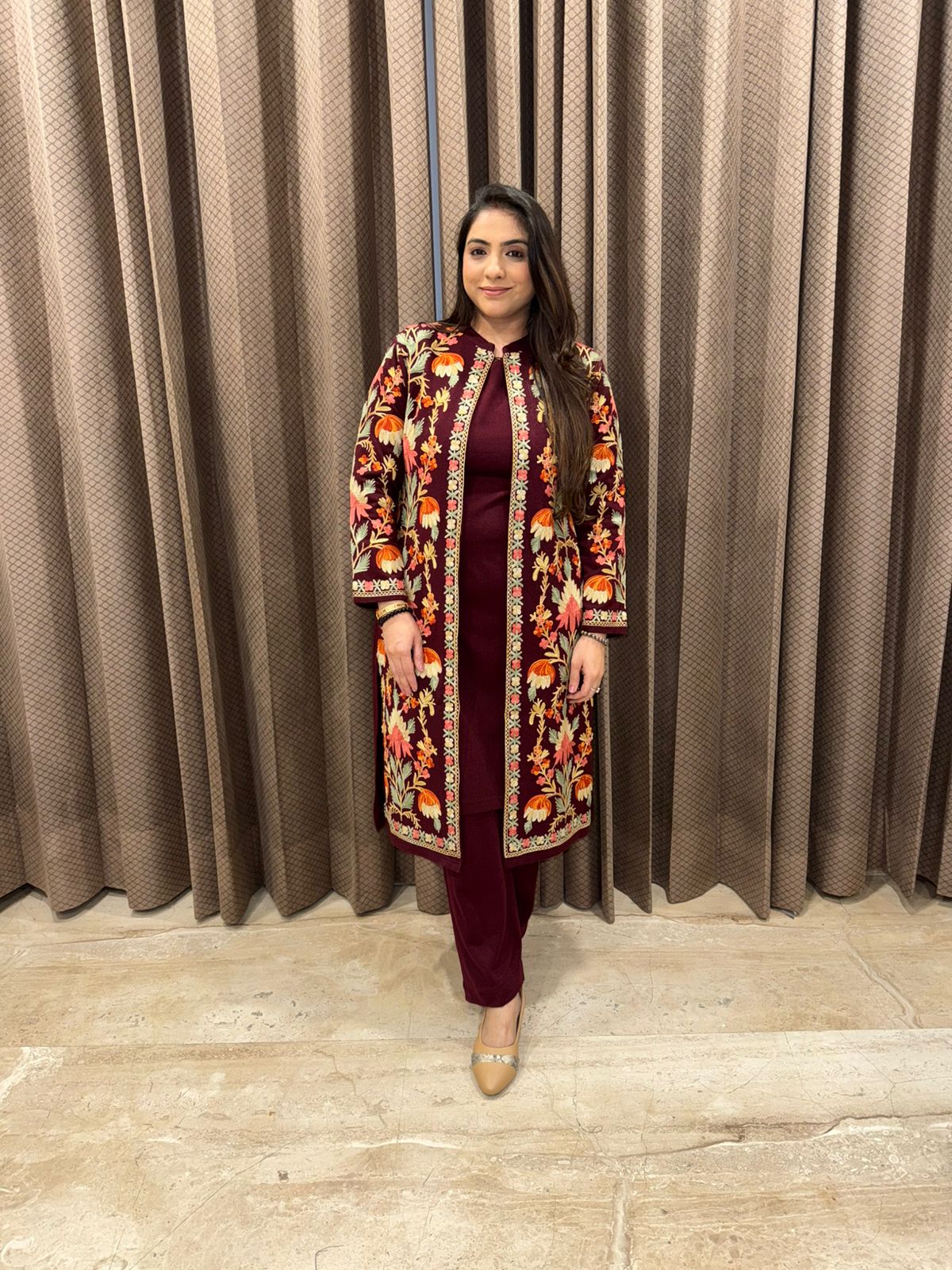 Wine Red Floral Kashmiri Embroidered Long Jacket Kurta Set