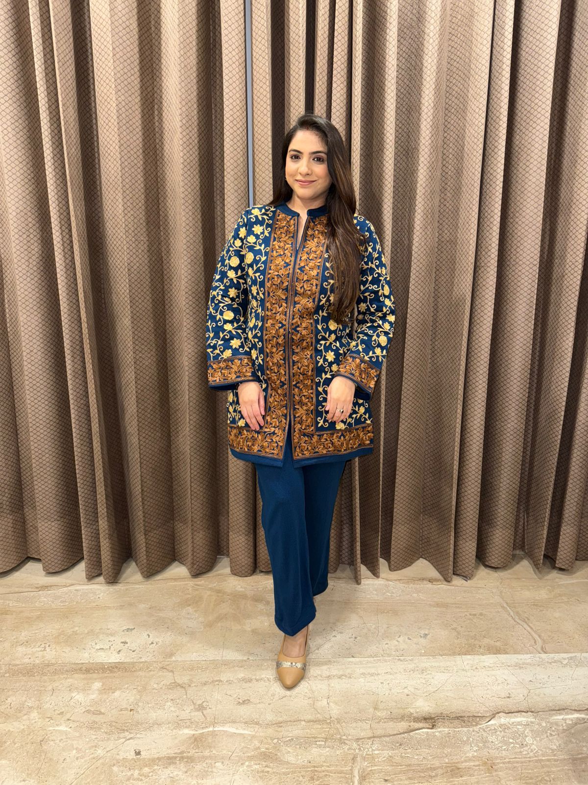 Blue & Gold Kashmiri Kadai Kurta Pant Set