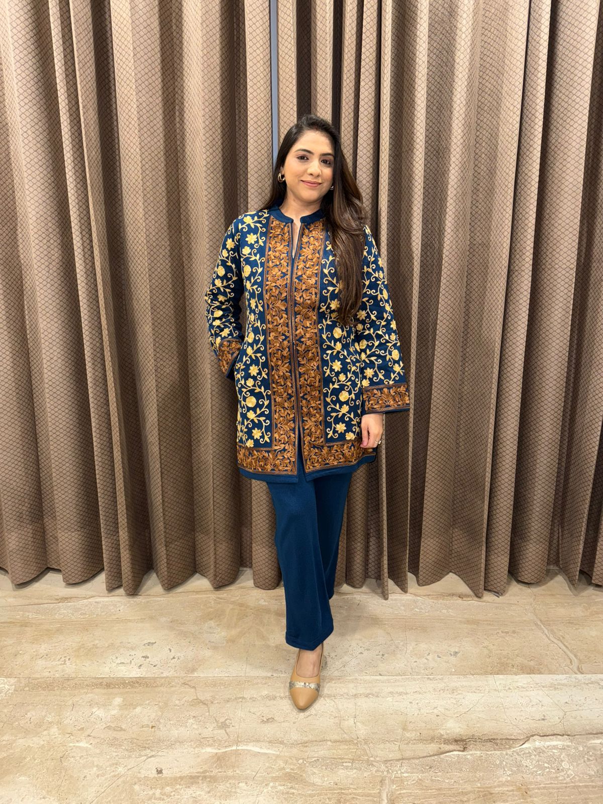 Blue & Gold Kashmiri Kadai Kurta Pant Set