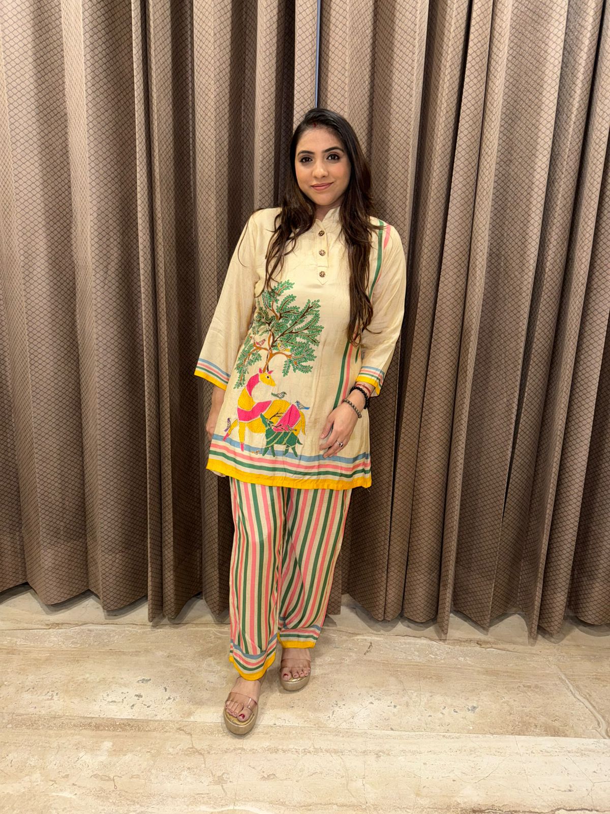 Ivory Folk Art Printed Kurta with Striped Straight Pants