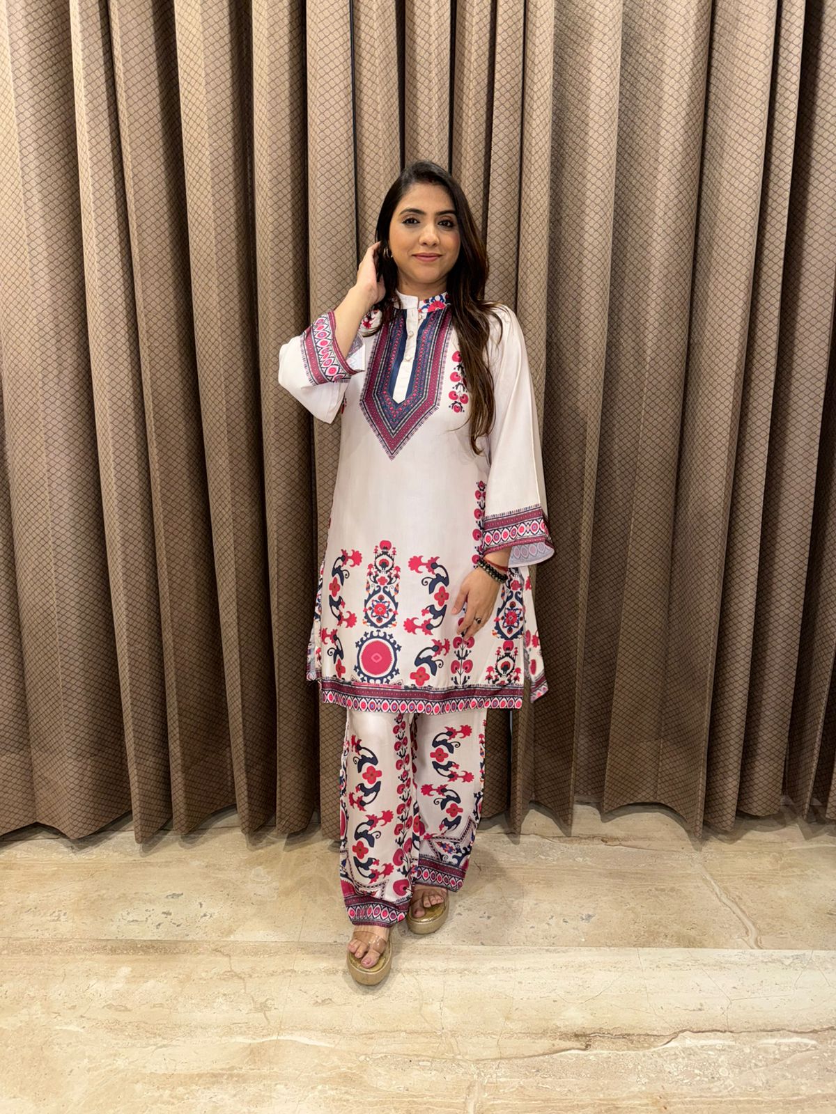 White Folk-Inspired Print Kurta Set with Statement Neck Design