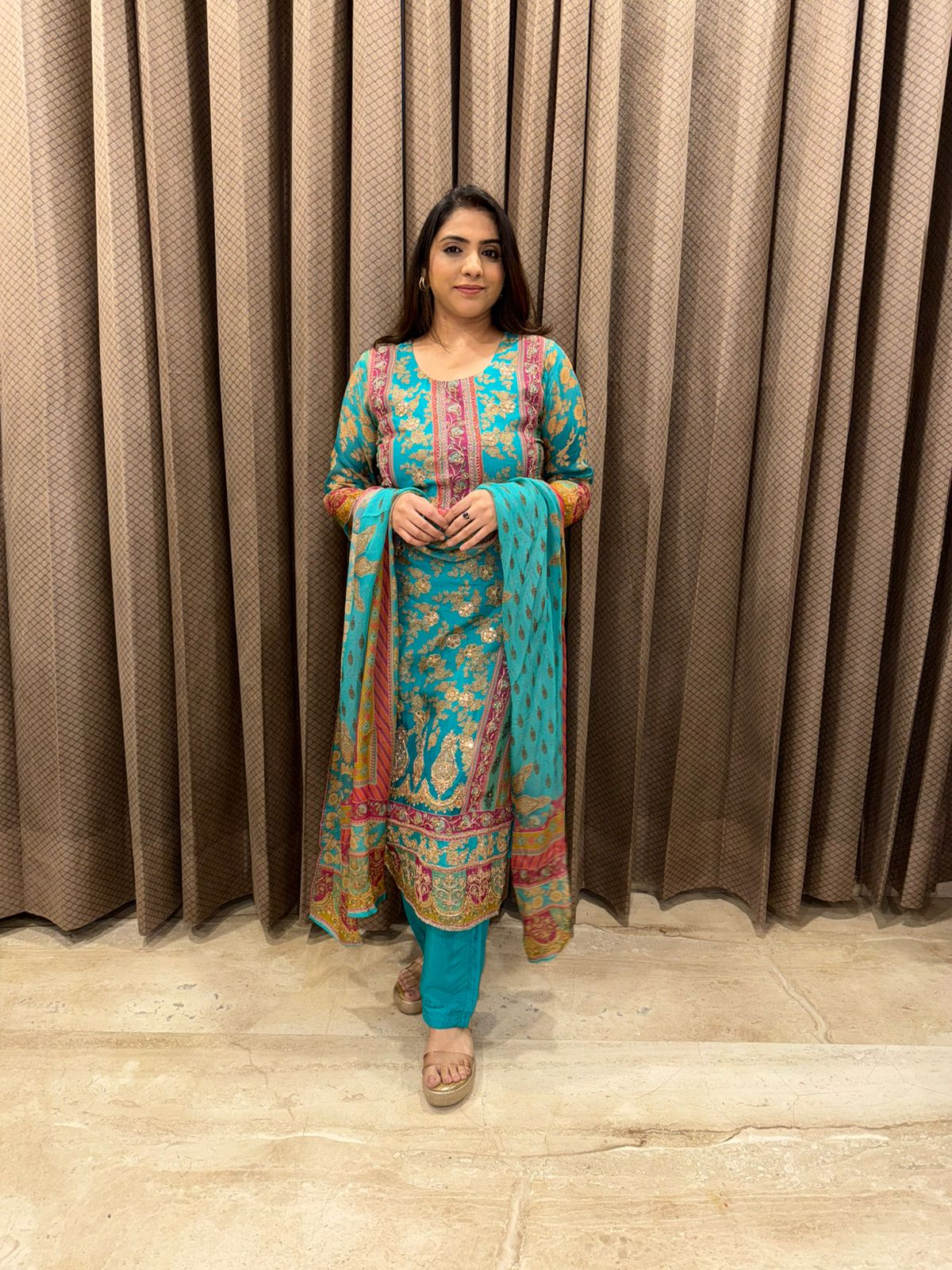 Teal Blue Printed Kurta Set with Traditional Motifs, Patiala Pants & Dupatta