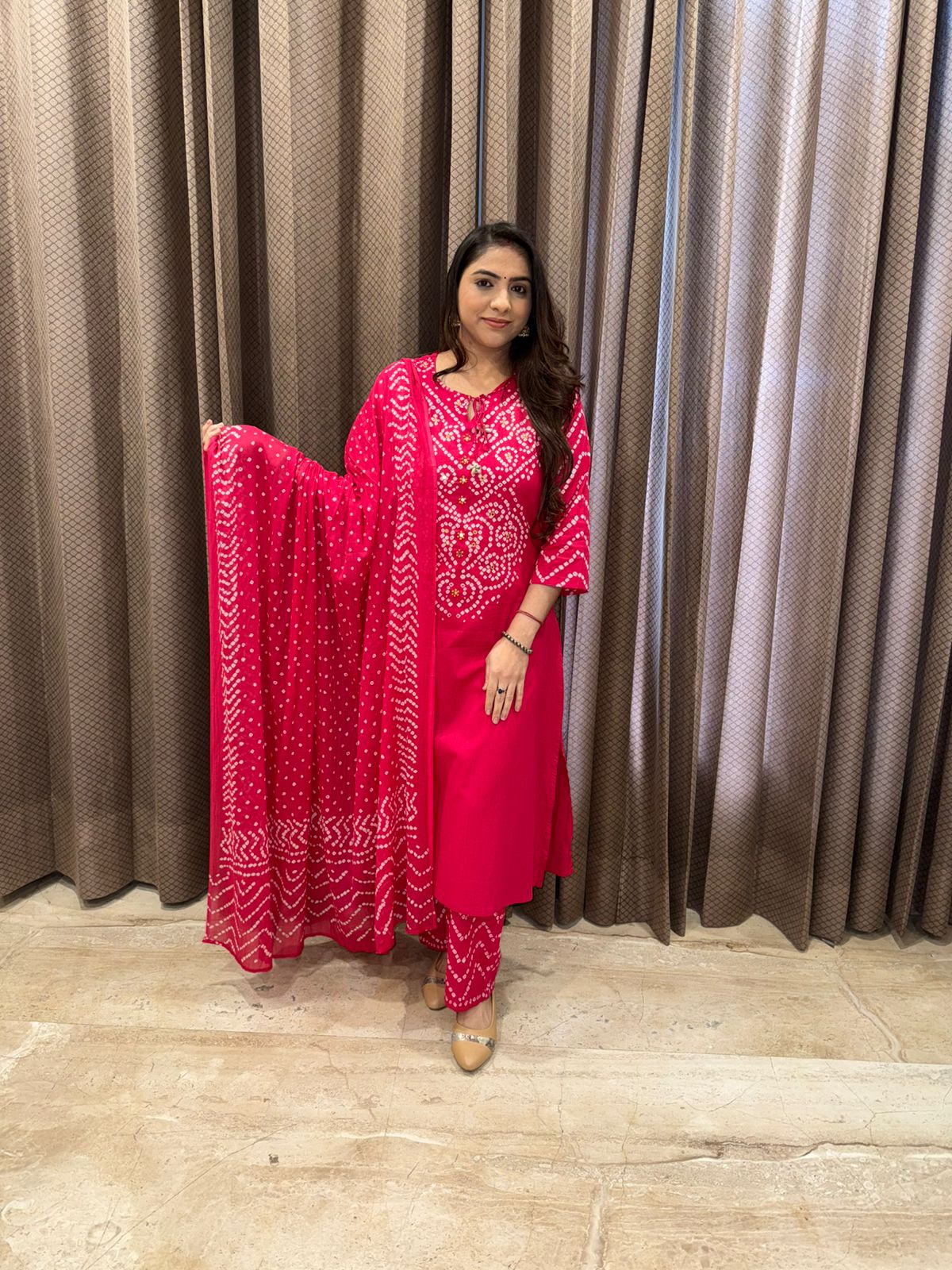 Rani Pink Bandhani Print Kurta Set with Matching Pants & Dupatta