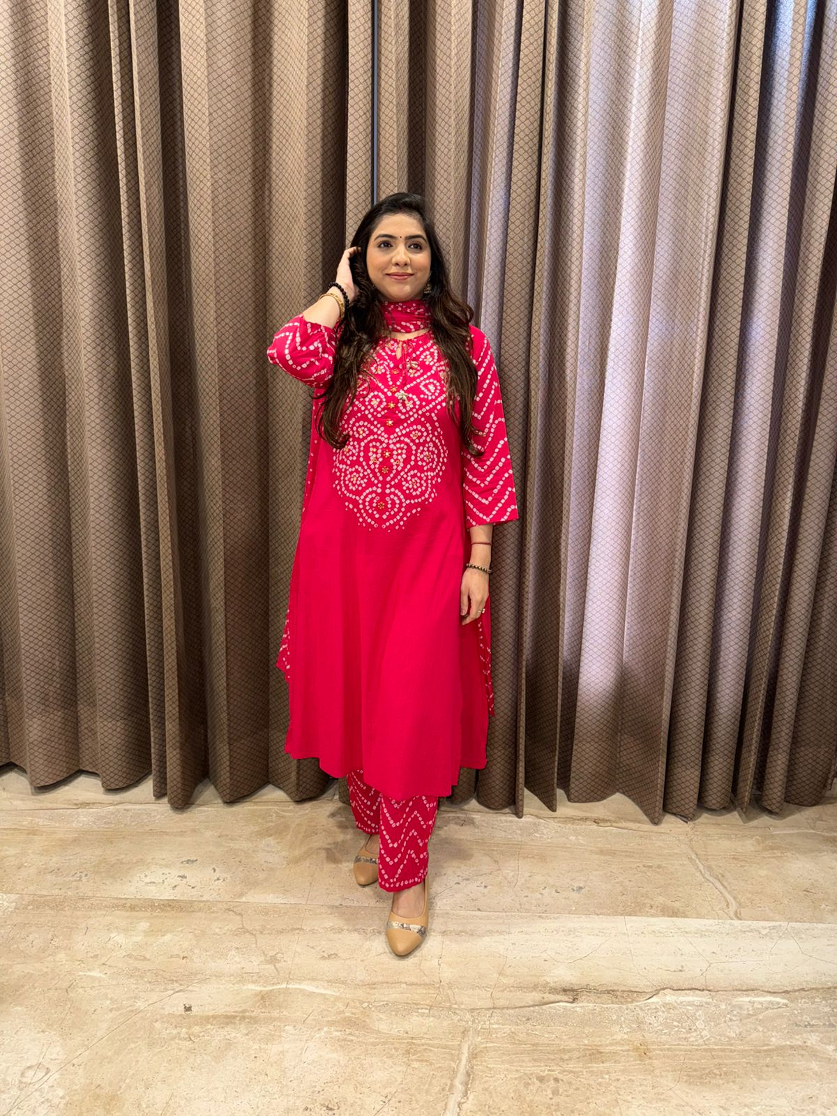 Rani Pink Bandhani Print Kurta Set with Matching Pants & Dupatta