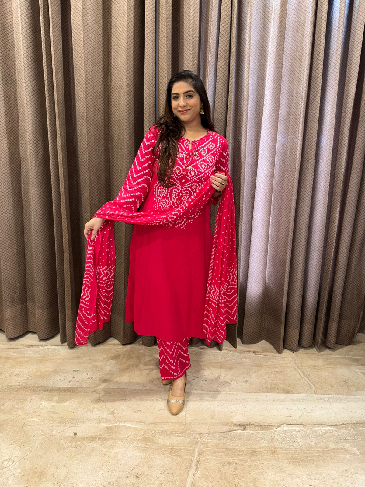 Rani Pink Bandhani Print Kurta Set with Matching Pants & Dupatta