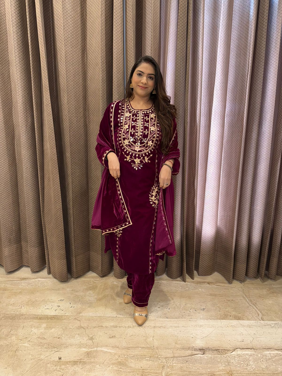 Wine Velvet Kurta Set with Regal Gota patti Handwork & Dupatta