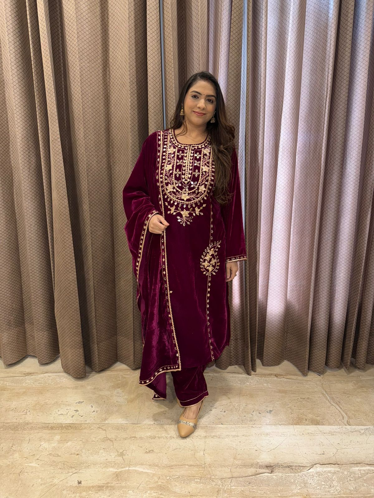 Wine Velvet Kurta Set with Regal Gota patti Handwork & Dupatta