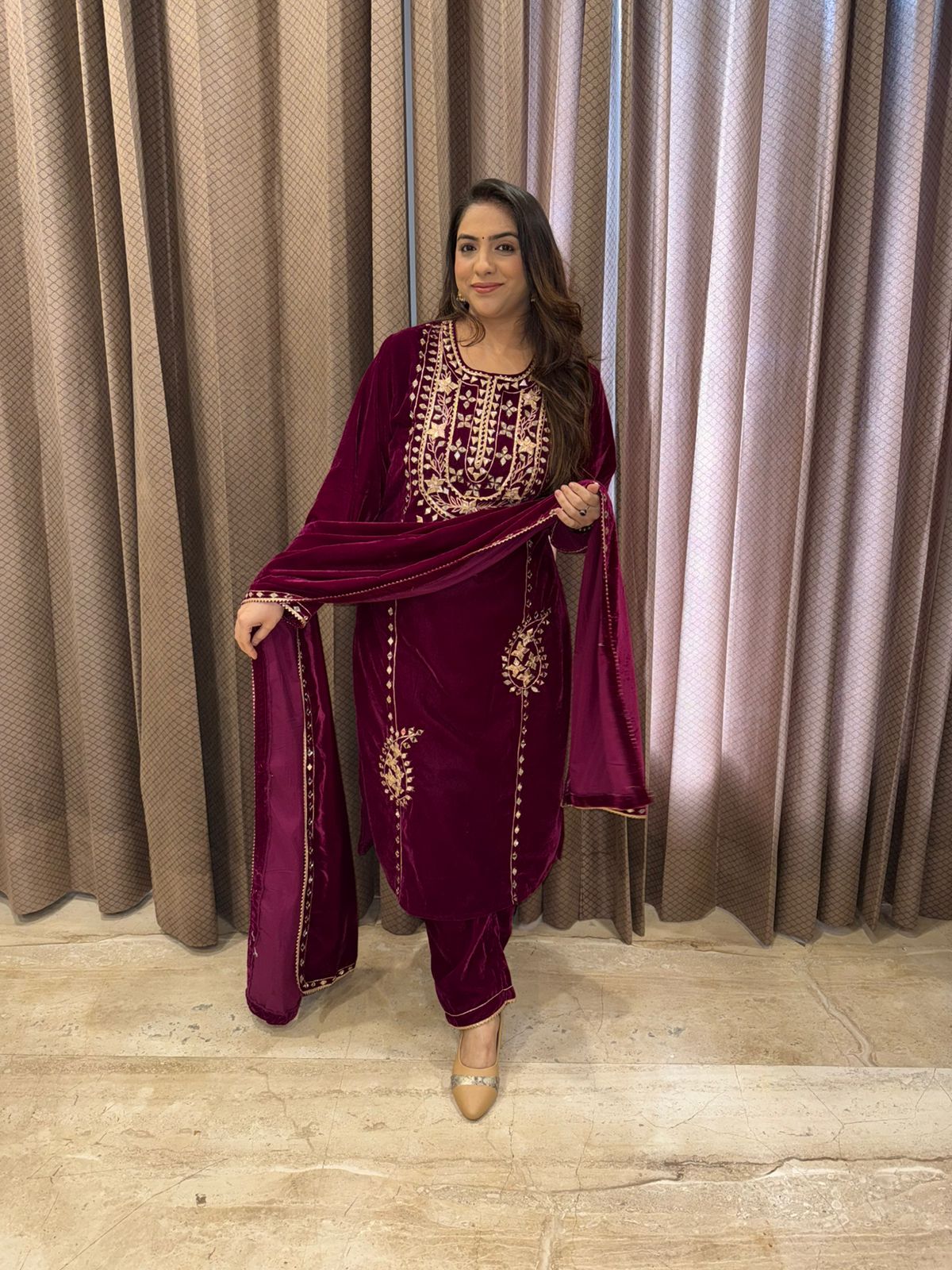 Wine Velvet Kurta Set with Regal Gota patti Handwork & Dupatta