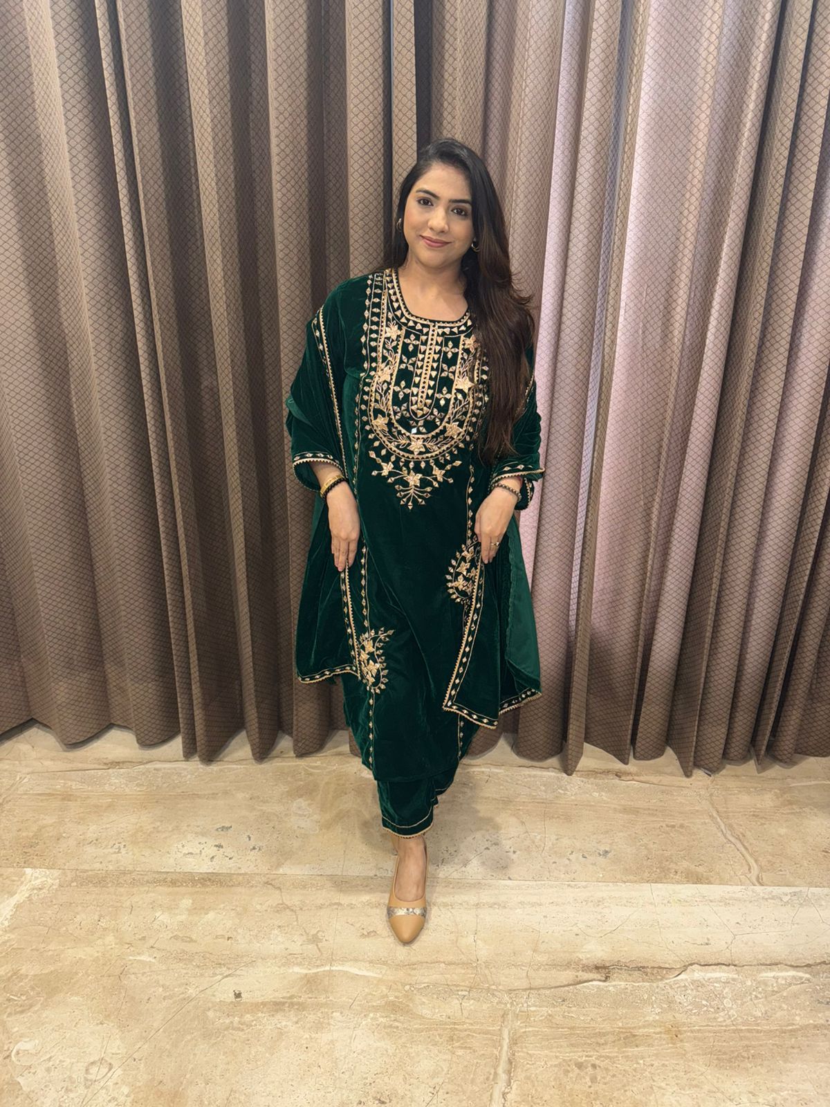 Green Velvet Kurta Set with Regal Gota patti Handwork & Dupatta