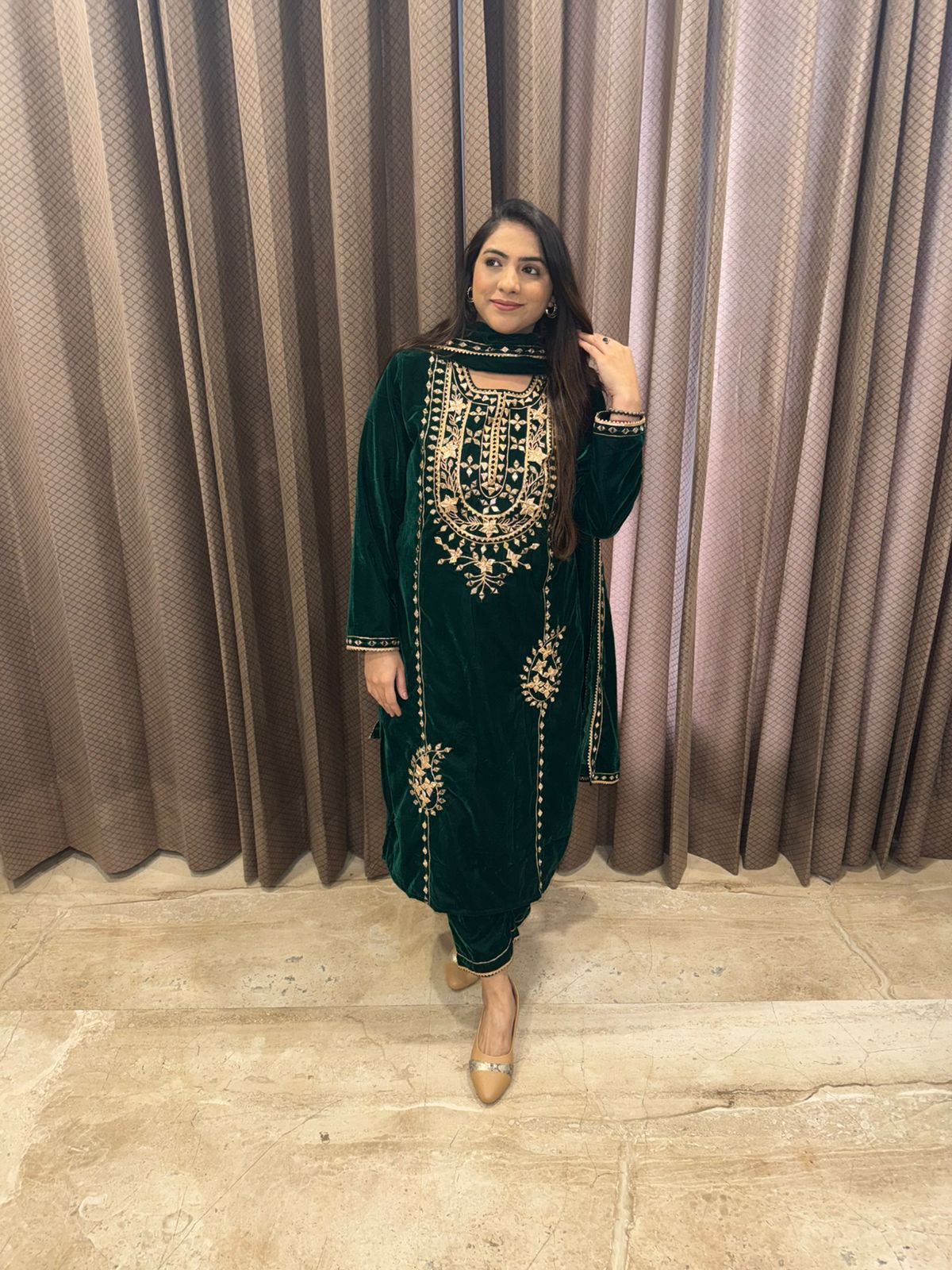 Green Velvet Kurta Set with Regal Gota patti Handwork & Dupatta