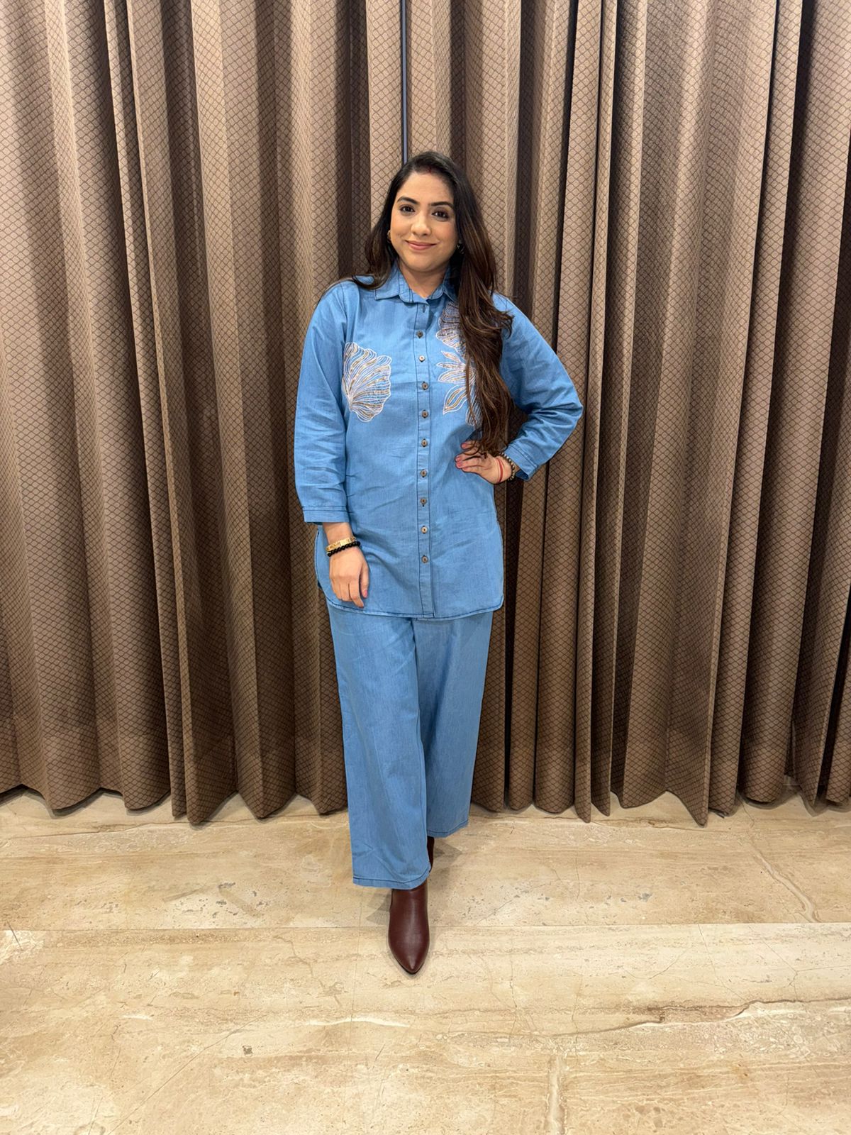 Modern Denim Co-ord Set with Statement Floral Detailing