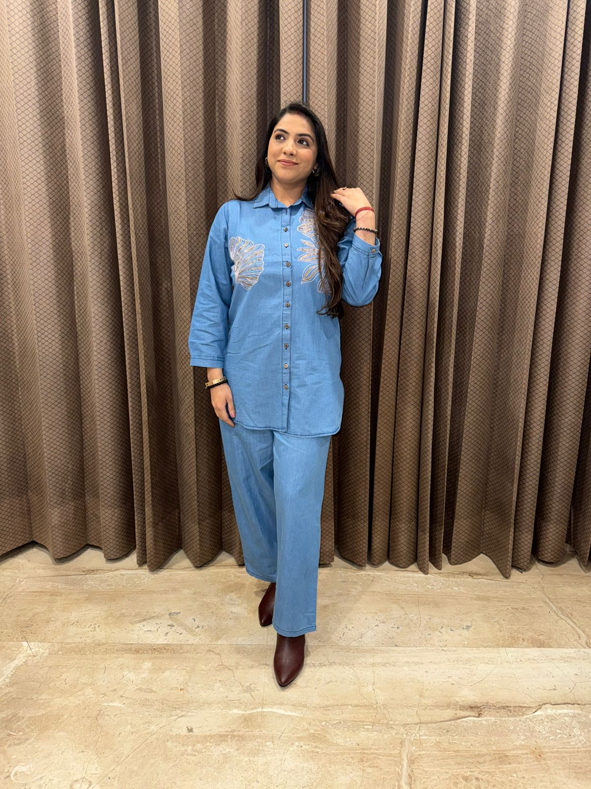 Modern Denim Co-ord Set with Statement Floral Detailing