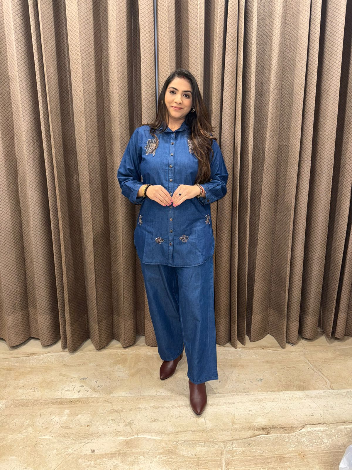 Blue Denim floral Handwork Two-Piece Co-ord Set