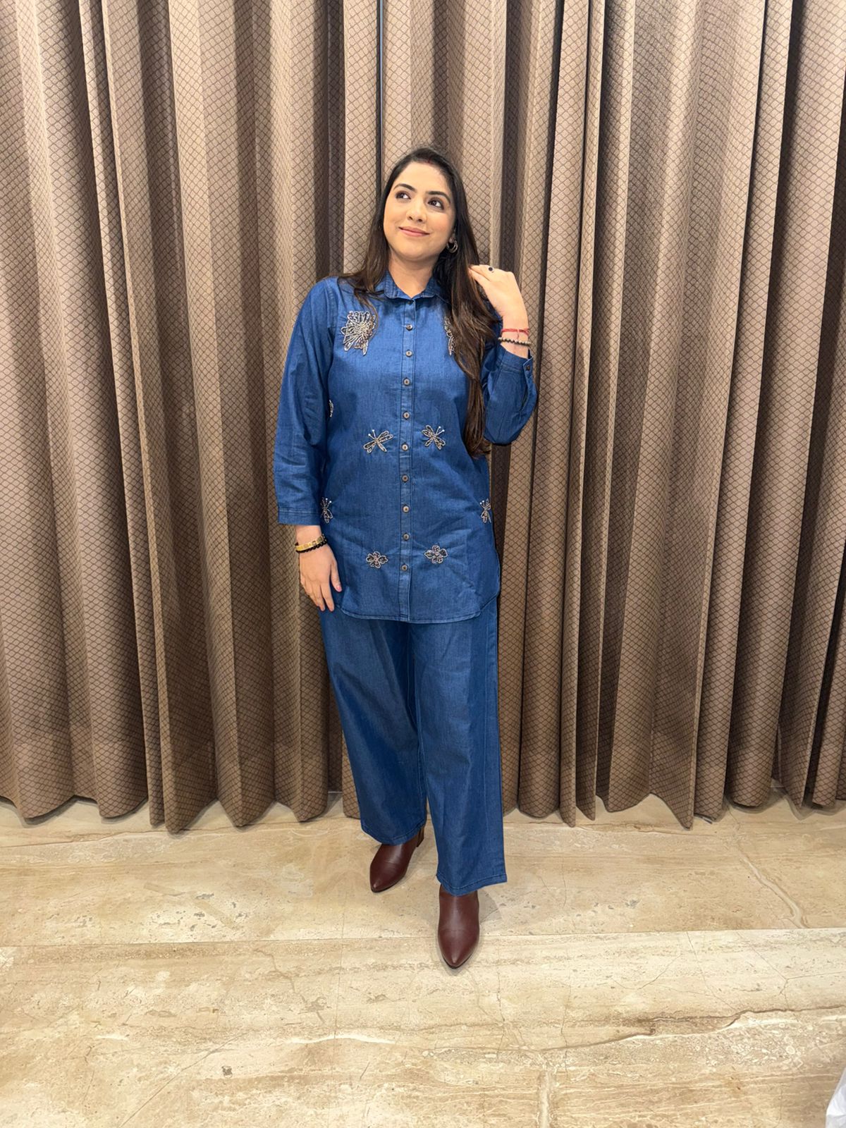 Blue Denim floral Handwork Two-Piece Co-ord Set