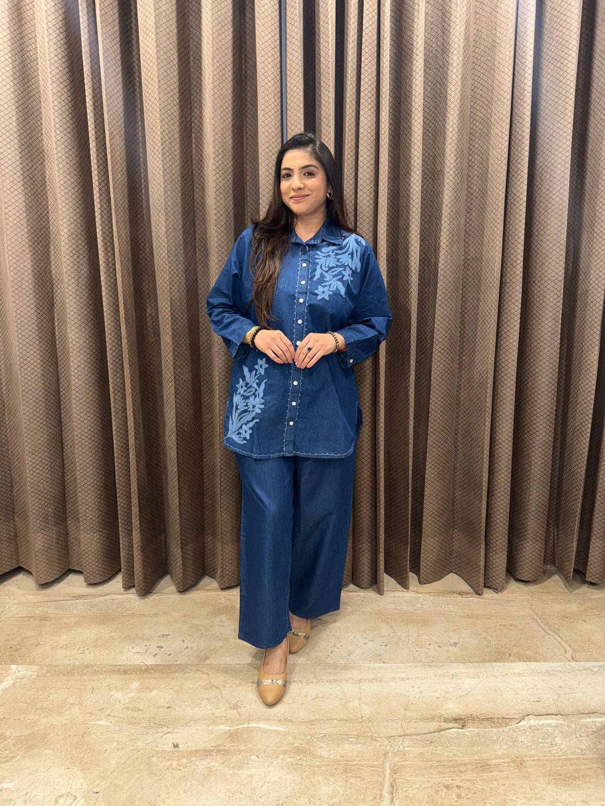 Blue Denim Floral Embroidery Two-Piece Co-ord Set