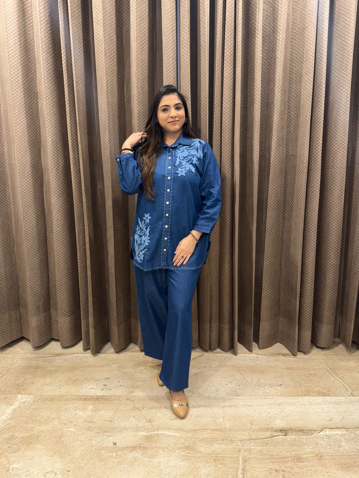 Blue Denim Floral Embroidery Two-Piece Co-ord Set