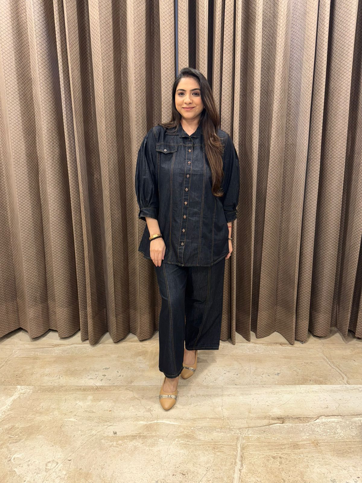 Black Solid Denim Shirt–Pant Co-ord with Stitch Detailing