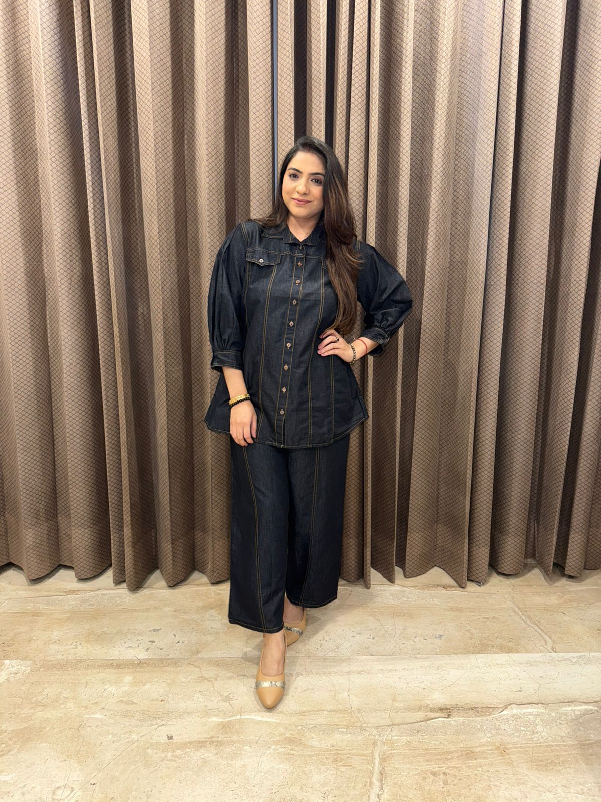 Black Solid Denim Shirt–Pant Co-ord with Stitch Detailing