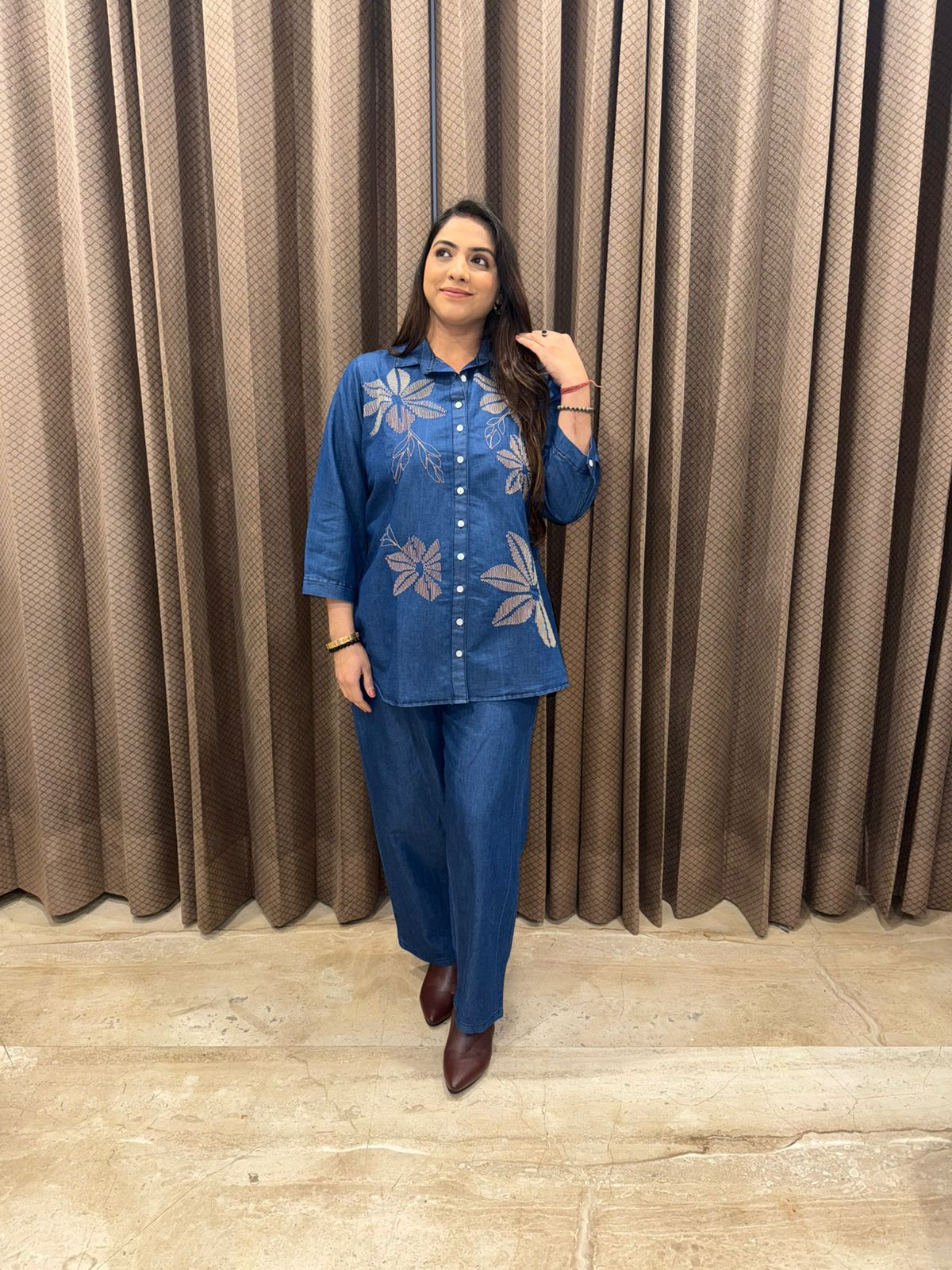 Blue Denim Floral Embroidery Two-Piece Co-ord Set