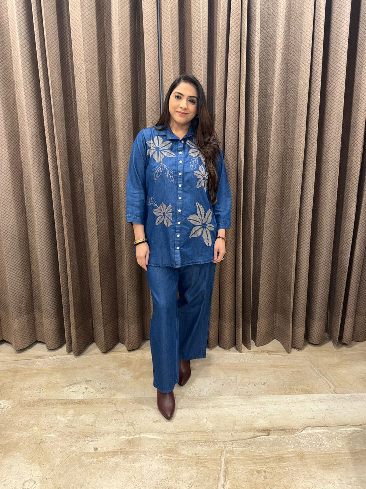 Blue Denim Floral Embroidery Two-Piece Co-ord Set