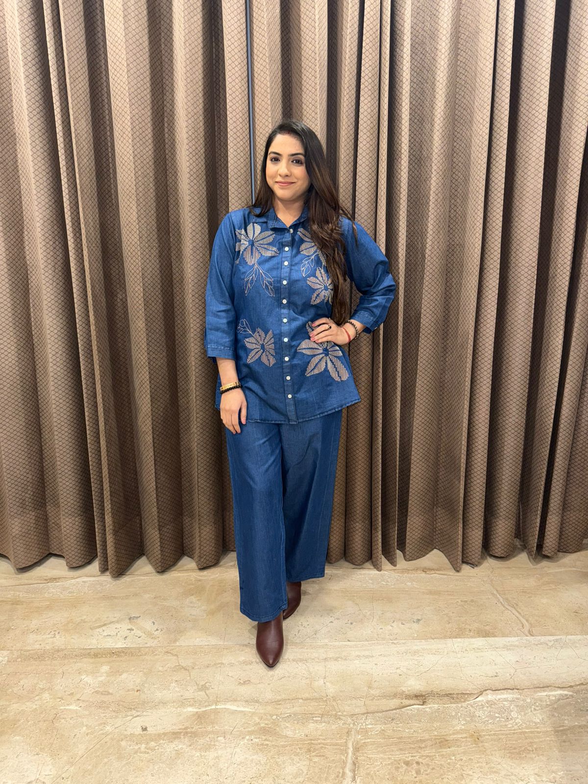 Blue Denim Floral Embroidery Two-Piece Co-ord Set