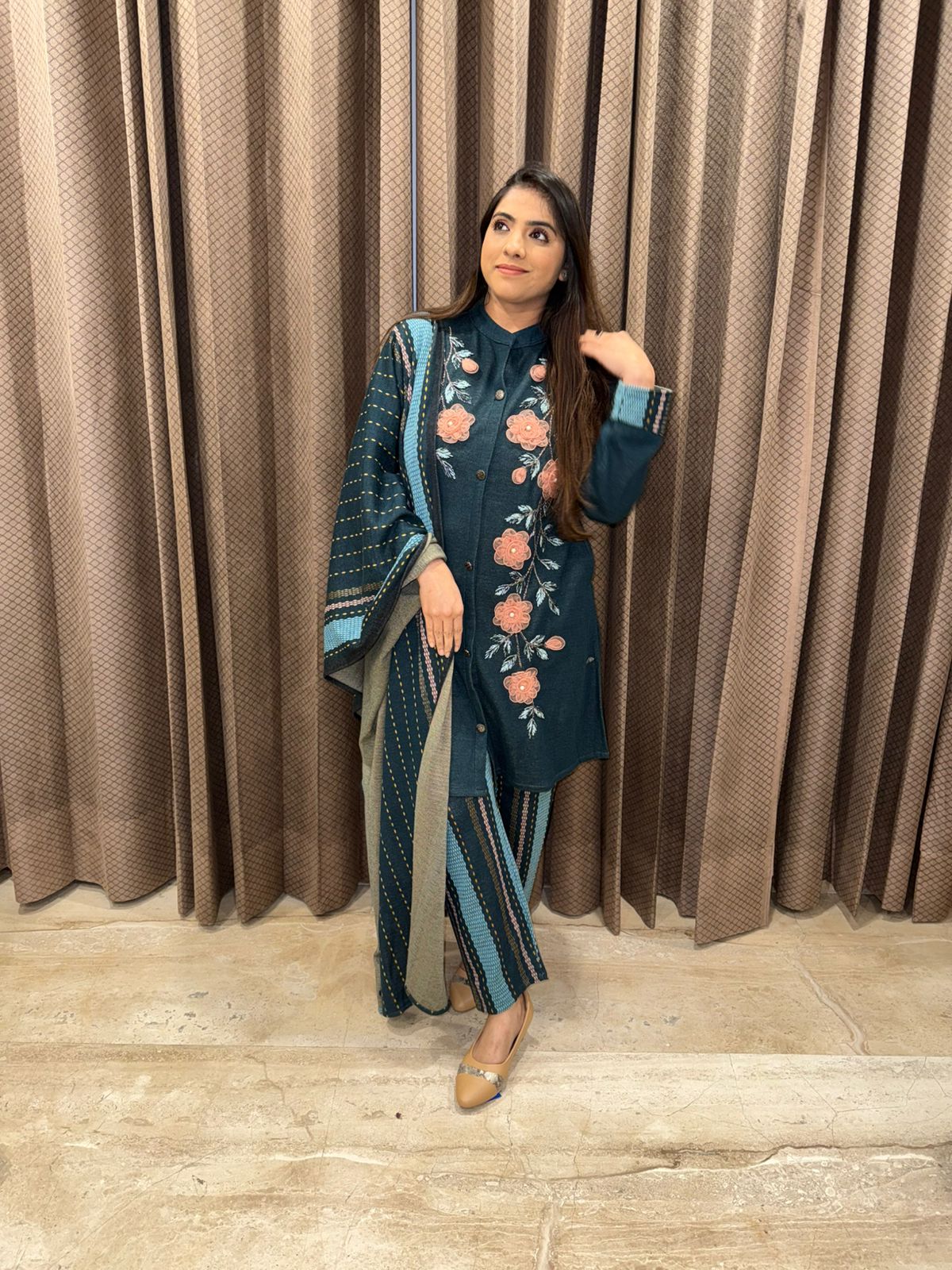 Teal Blue Straight Kurta Set with Rose applique work & Printed Dupatta