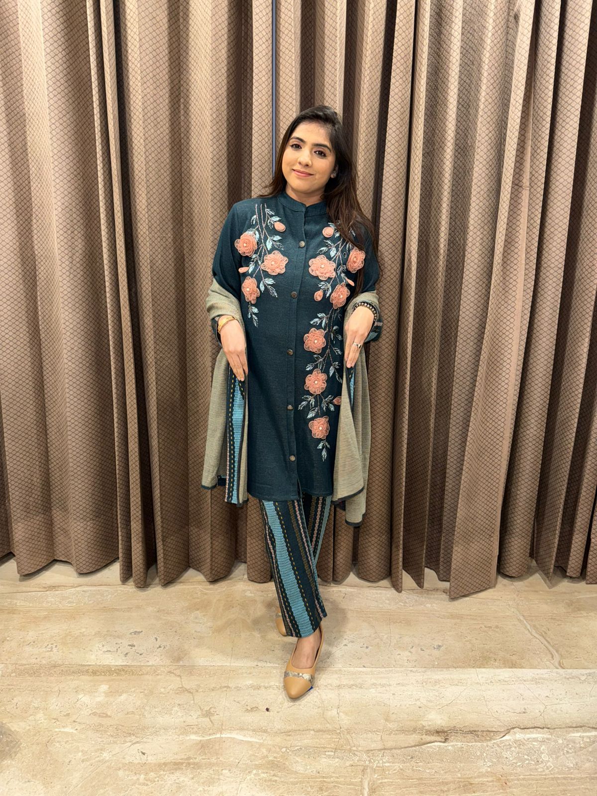 Teal Blue Straight Kurta Set with Rose applique work & Printed Dupatta