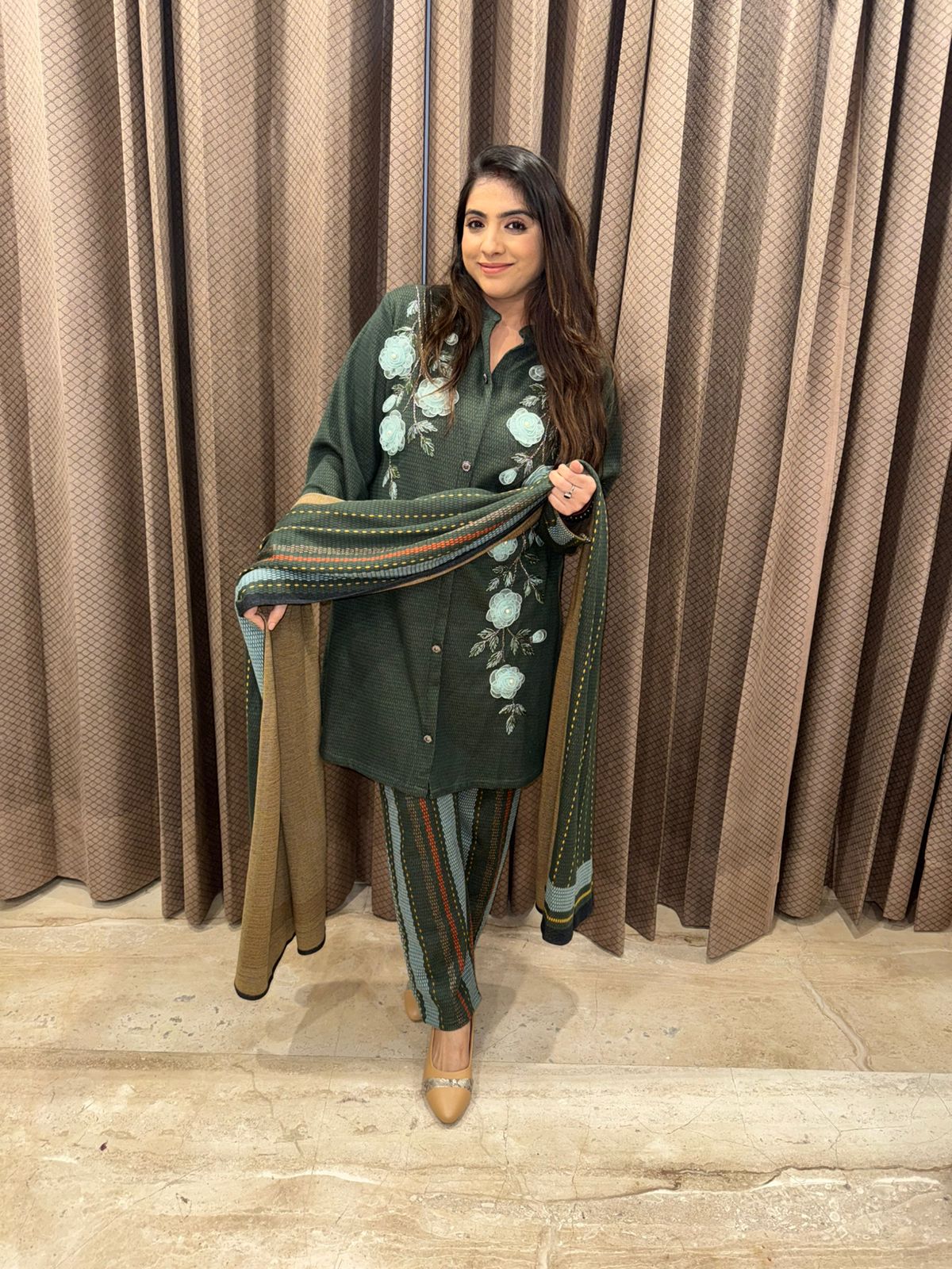 Green Straight Kurta Set with Rose applique work & Printed Dupatta