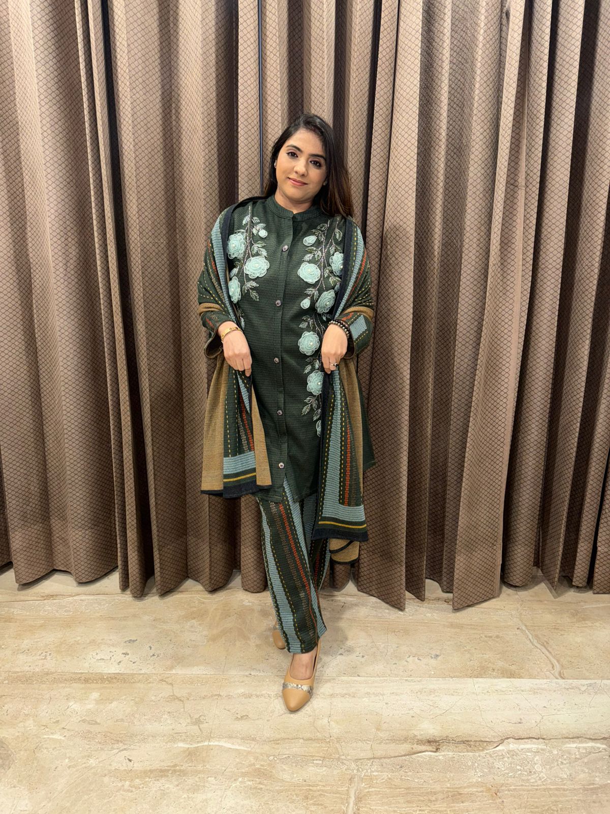 Green Straight Kurta Set with Rose applique work & Printed Dupatta