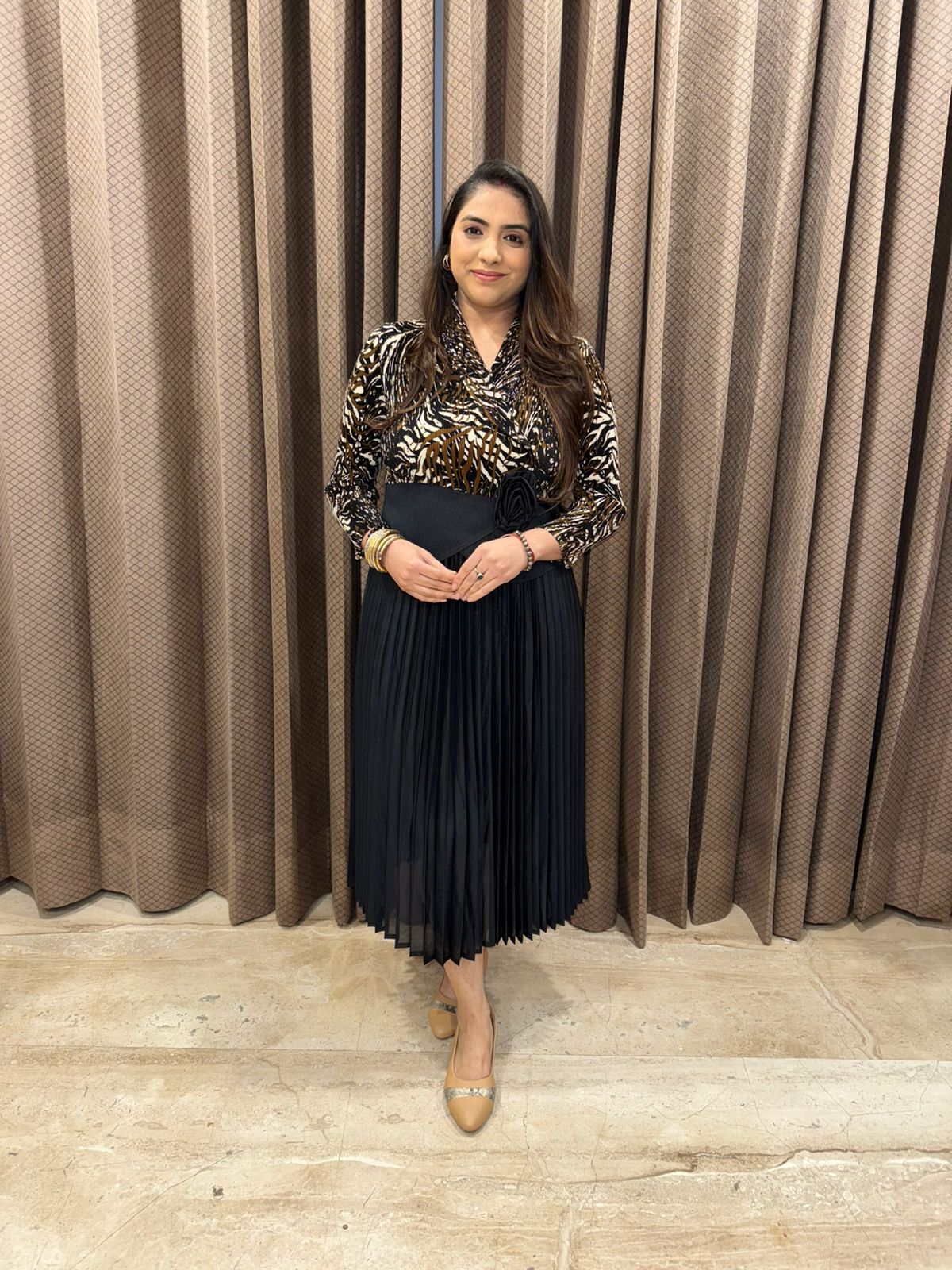 Black & Brown Animal Print Pleated Midi Dress with Defined Waist
