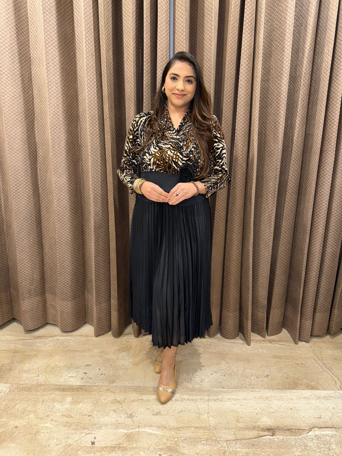 Black & Brown Animal Print Pleated Midi Dress with Defined Waist