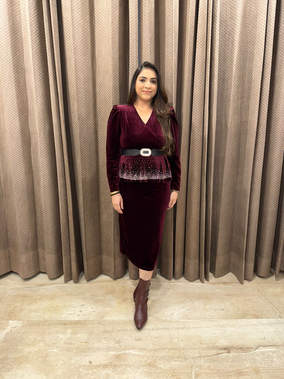 Wine Velvet Dress with belt
