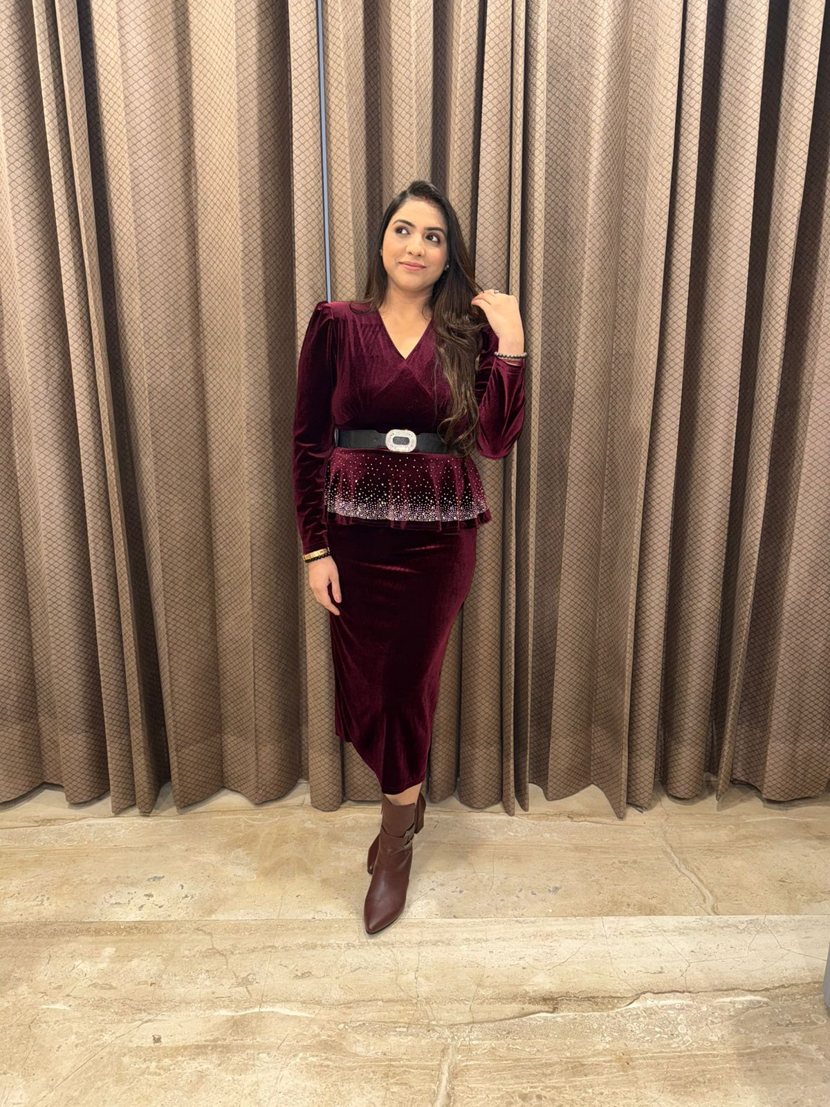 Wine Velvet Dress with belt