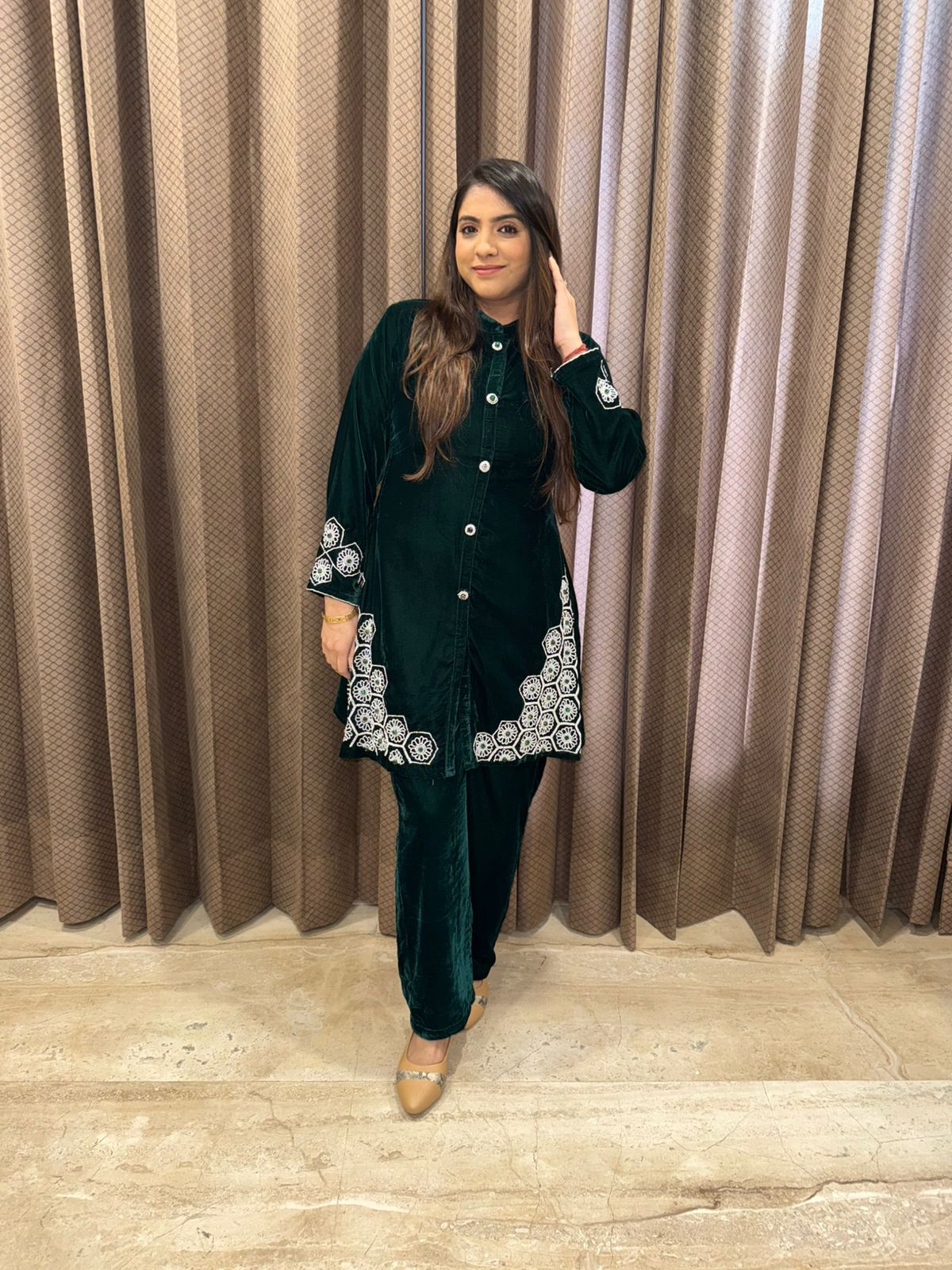 Bottle Green Velvet handwork Kurta Pant Set