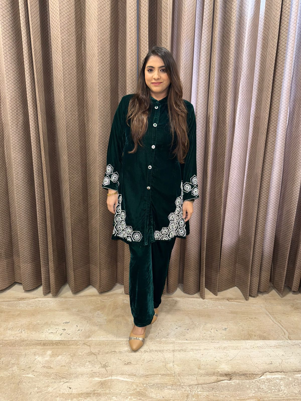 Bottle Green Velvet handwork Kurta Pant Set