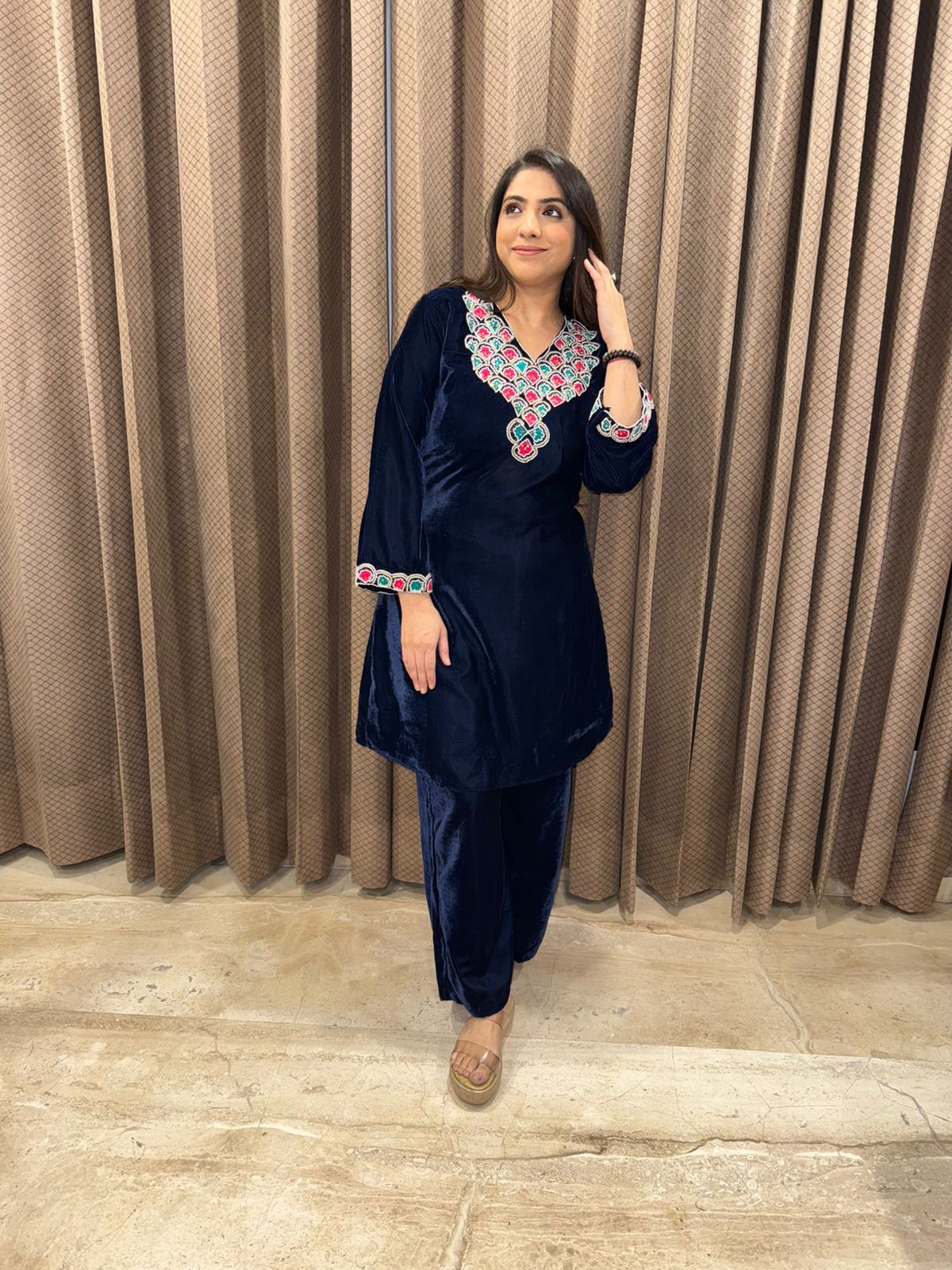 Blue Velvet handwork Kurta Pant Set