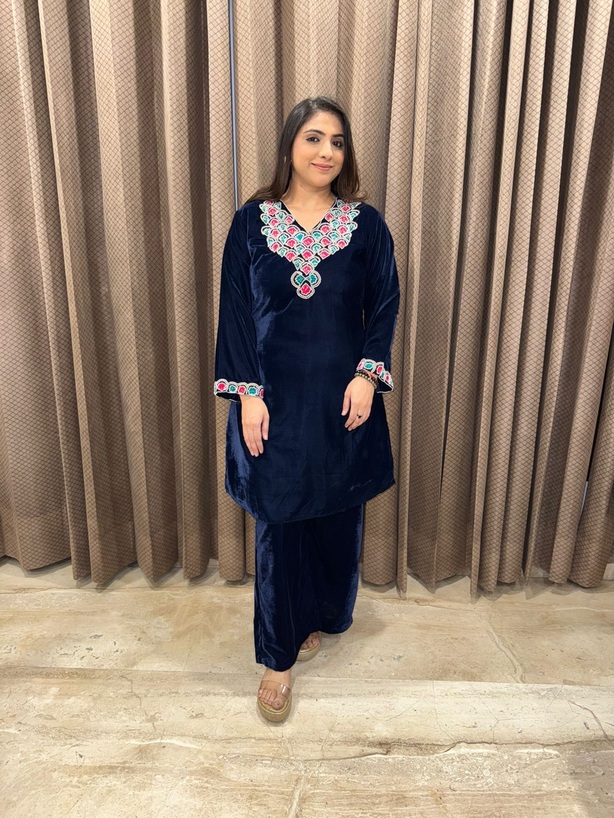 Blue Velvet handwork Kurta Pant Set