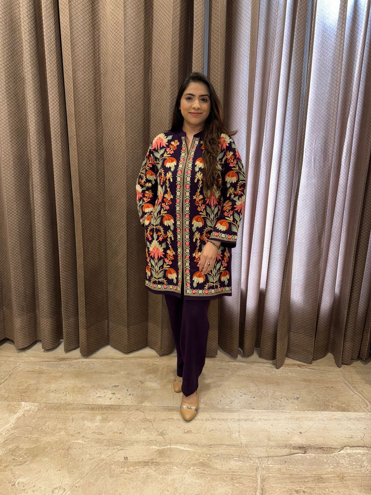 Wine Kashmiri Kadai Kurta Pant Set