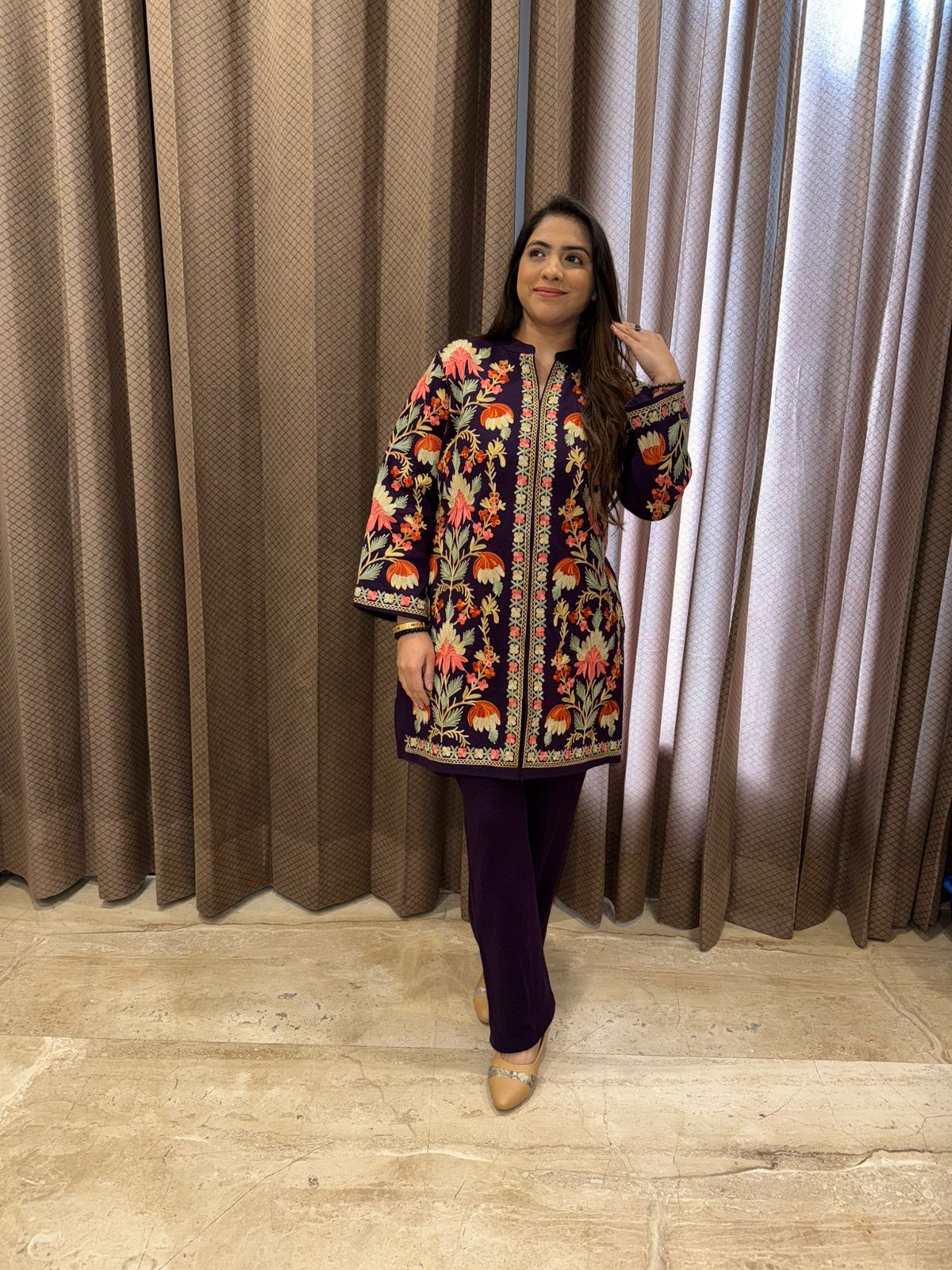 Wine Kashmiri Kadai Kurta Pant Set